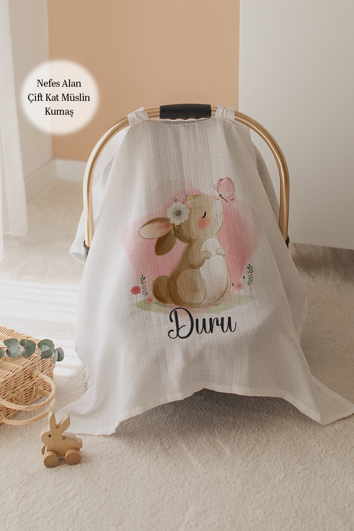 Lilabio %100 Pamuk İsme Özel Çift Katlı Müslin Puset Örtüsü - Tavşan
