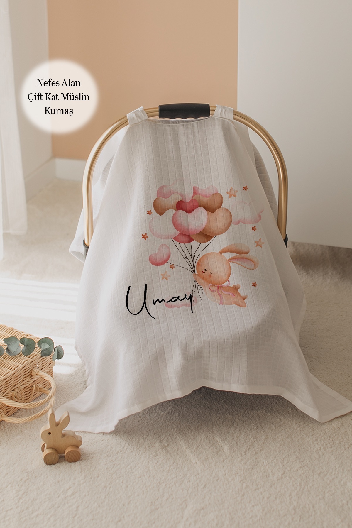 Lilabio %100 Pamuk İsme Özel Çift Katlı Müslin Puset Örtüsü - Tavşan