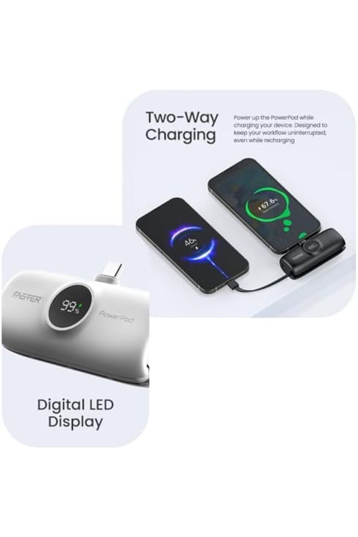 Faster-S5K PowerPod Mini Power Bank 5000mAh - 20W Fast Charging, LED Display, USB-C, Built-in iPhone 5
