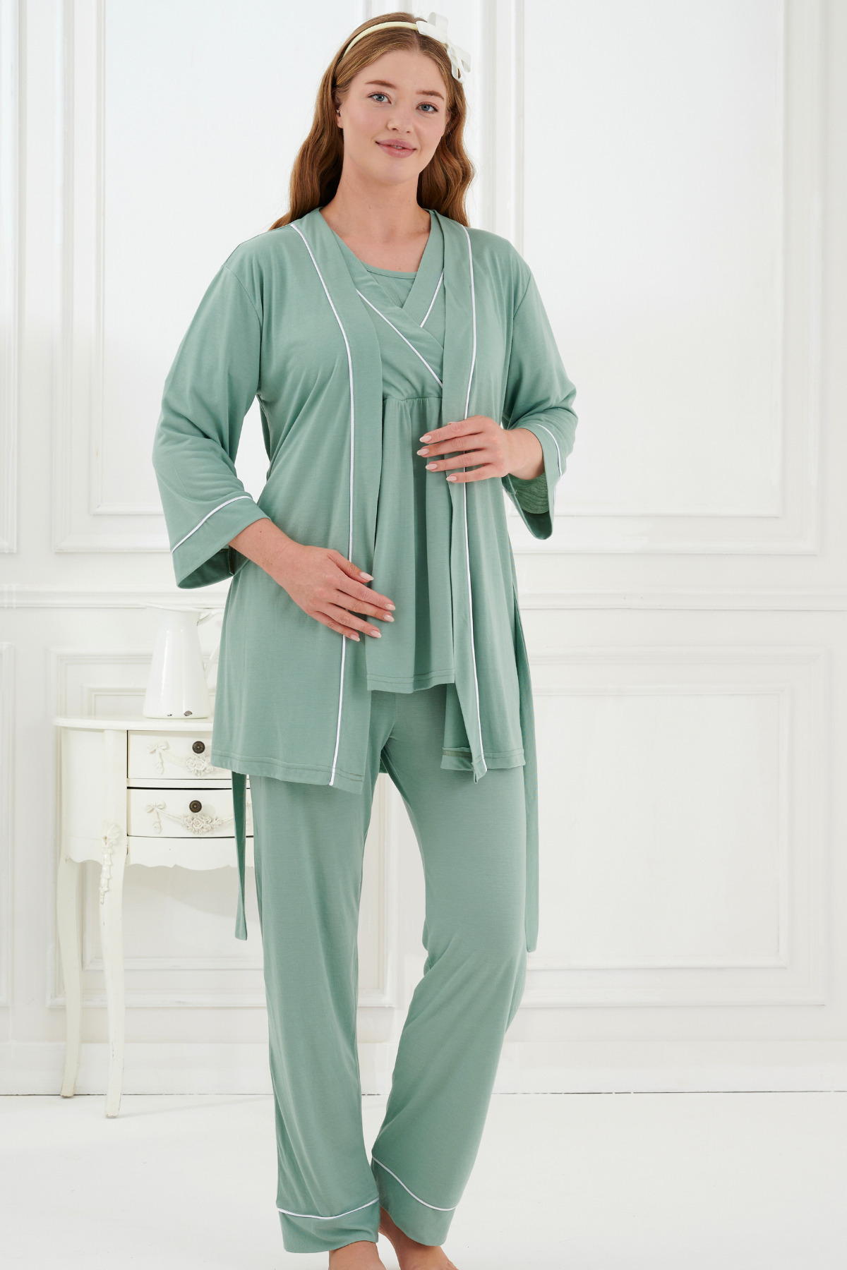 Emose Dantelli Sabahlıklı 3'Lü Lohusa Hamile Pijama Takımı