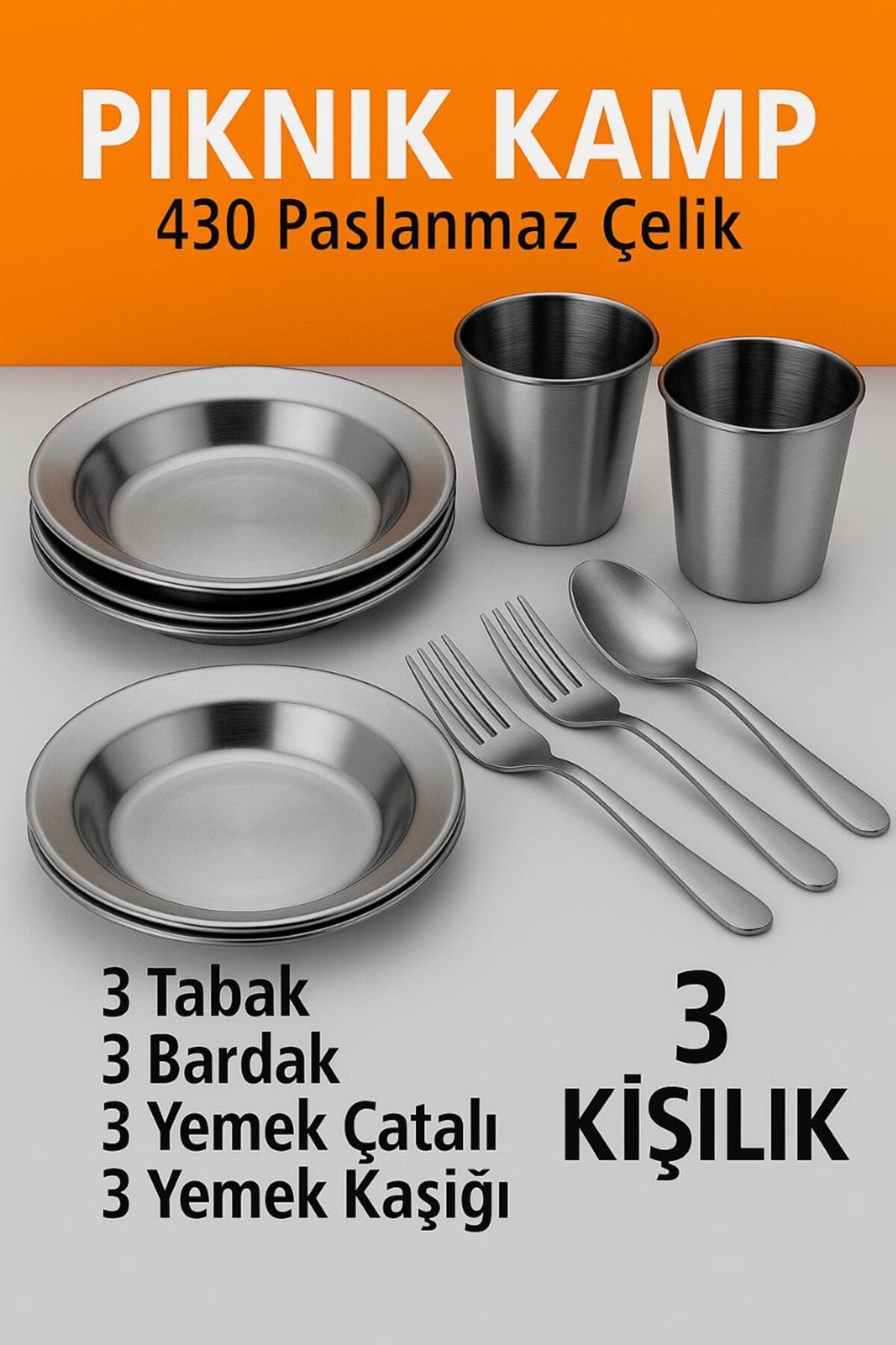 Metler Paslanmaz Çelik Kamp Piknik Seti 3 Kişilik| Tabak,Çatal