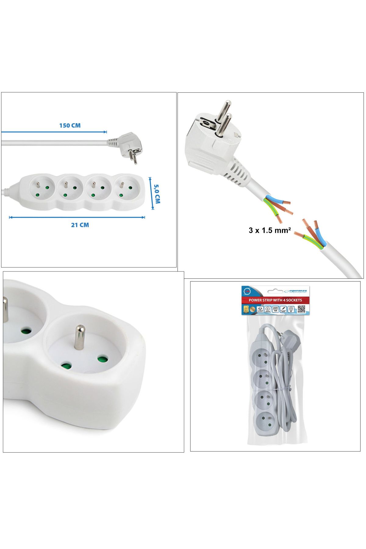 ESPERANZA-Extension cord with 4 sockets and 1.5m long cable, 250V, 16A, maximum load 3680W, with grounding 6