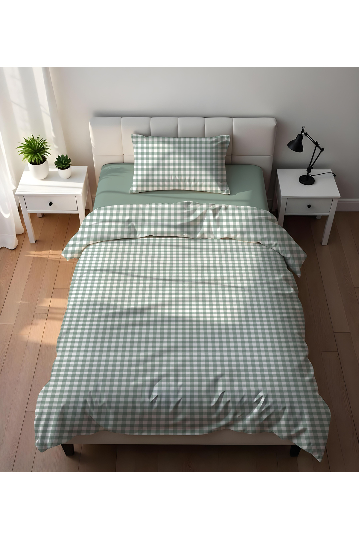 Evmila-Double Sided Gingham Patterned - Printed Single Duvet Cover Set 1