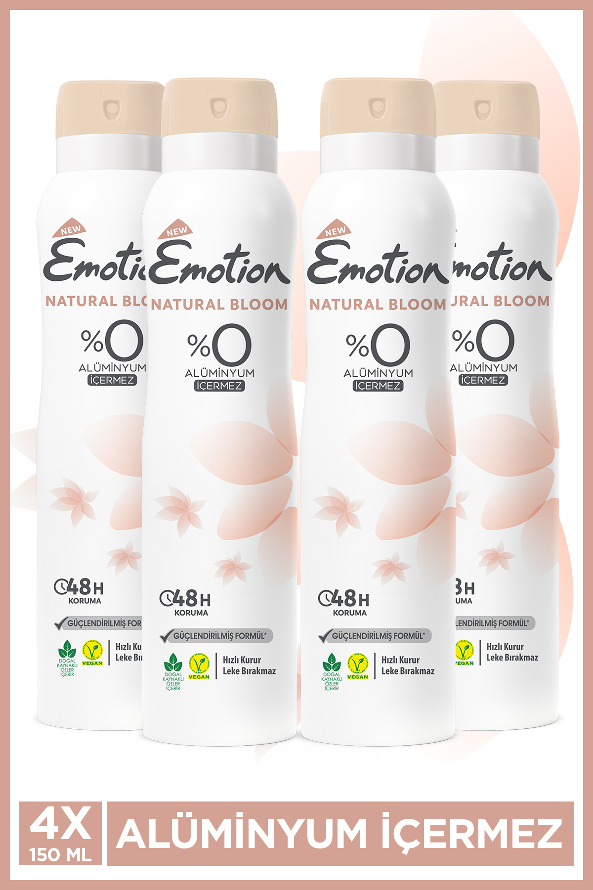 Emotion Natural Bloom Kadın Vegan Deodorant 4x150 Ml Hızlı Kurur, Leke Bırakmaz