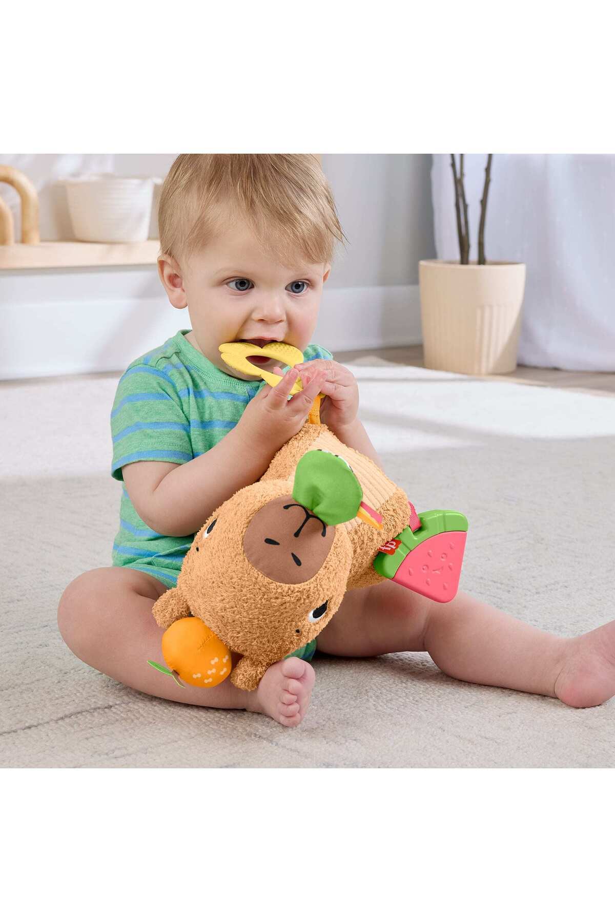 Fisher-Price ® اسباب‌بازی پولیشی نوزاد با دندان‌گیر نرم کاپی‌بارا، جغجغه برای نوزادان Hyr54