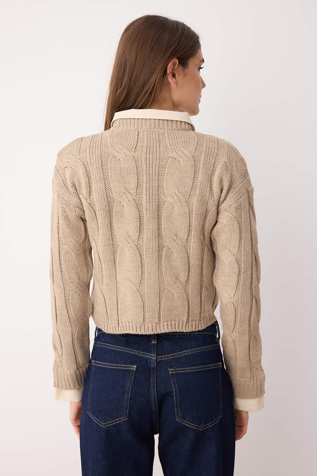 Trendyolmilla  Teen Vizon Gömlek Garnili Detaylı Crop Triko Kazak TWOAW26KZ00047 - Görsel 4