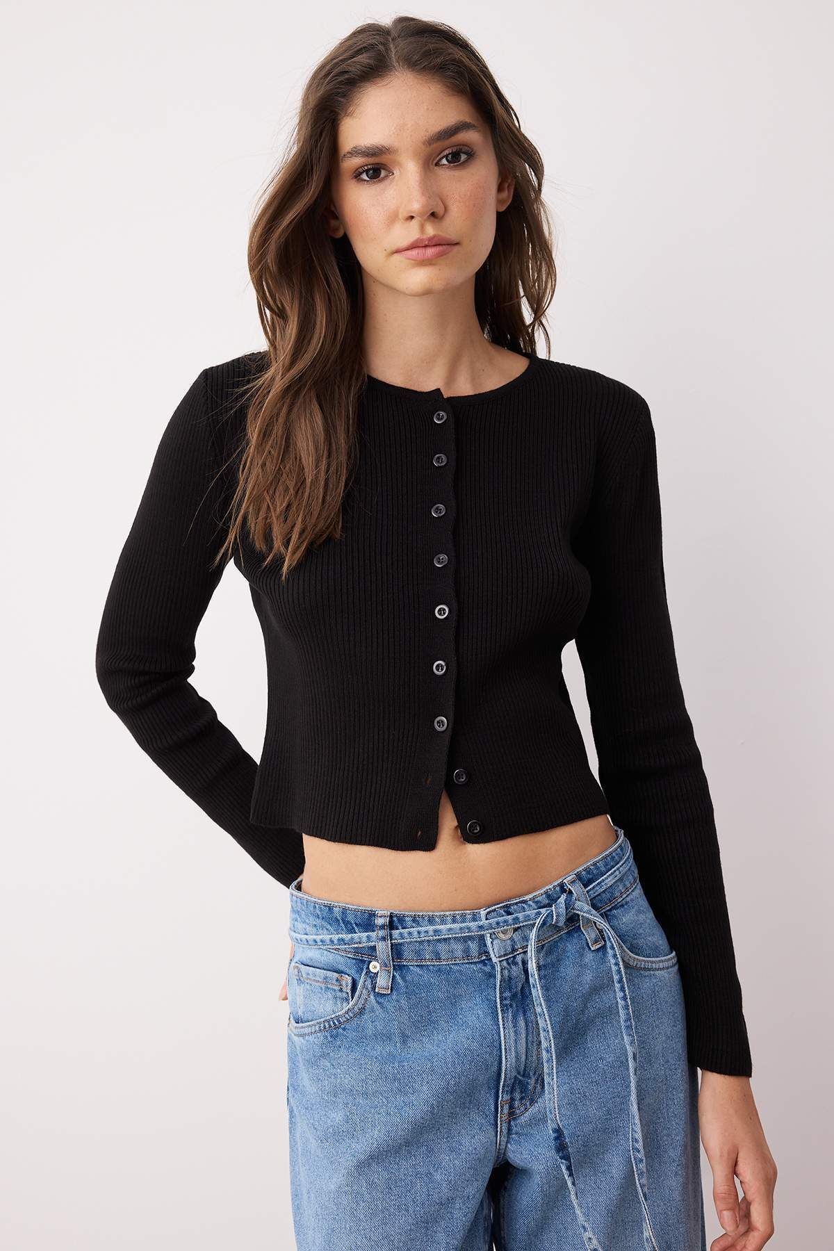 Trendyol Collection-Schwarz*001-Ecru Crop Farbblock-Einfarbig Doppelpack Strickjacke TWOAW26HI00127 2