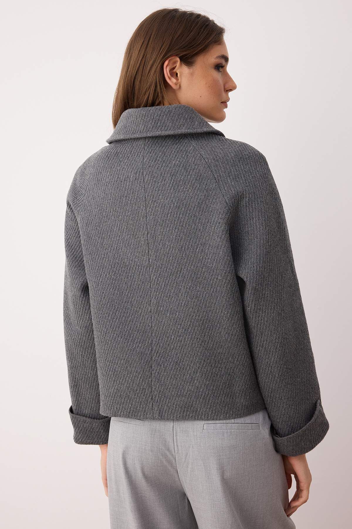 Trendyol Collection-Gray Regular Fit Cashmere Knitwear Pocket Detailed Slim Jacket Coat Twoaw26Mo00113 3