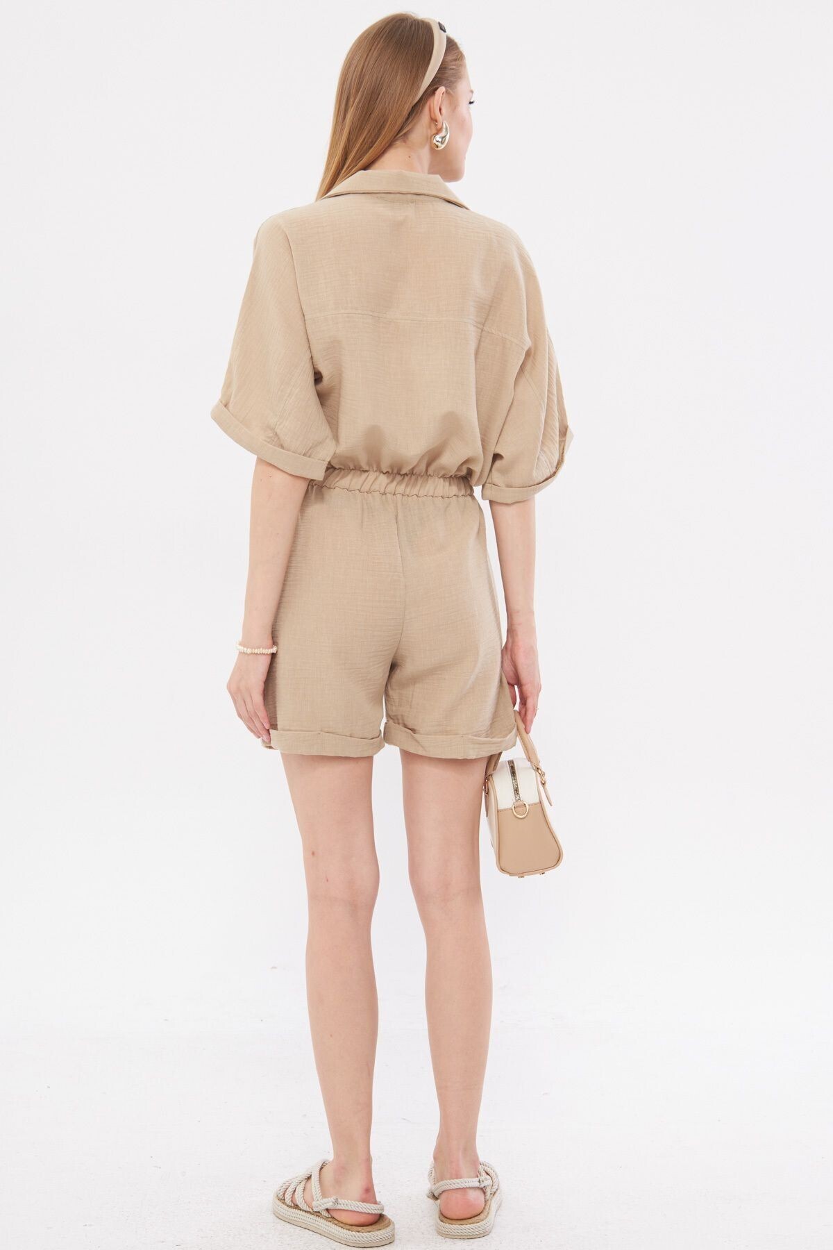 armonika-Beige Women's Jumpsuit - Shorts with Bat Sleeve, Pockets and Elastic Waist ARM-23Y001075 5