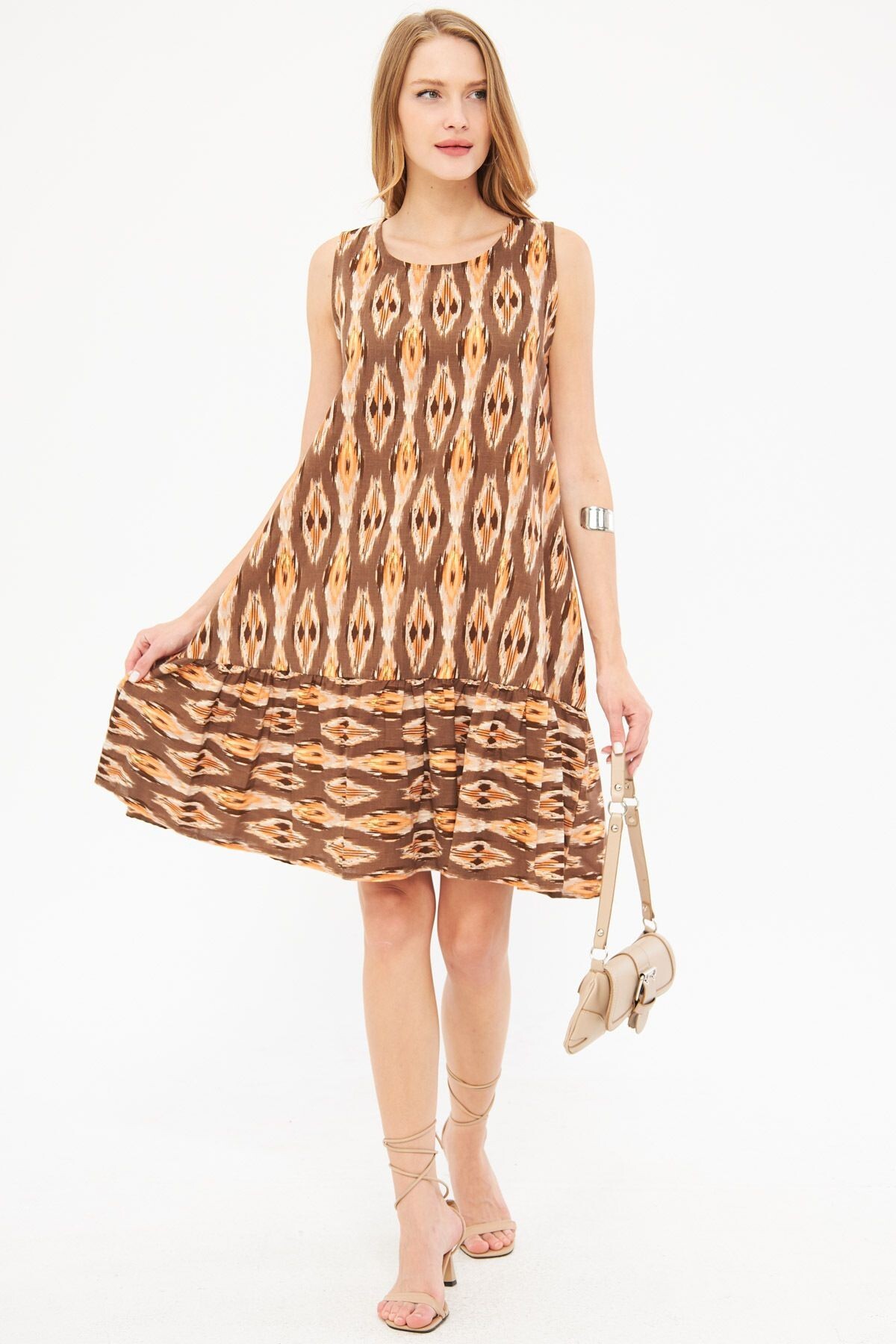 Women's Coffee Patterned Sleeveless Frilly Skirt Dress ARM-22K001142