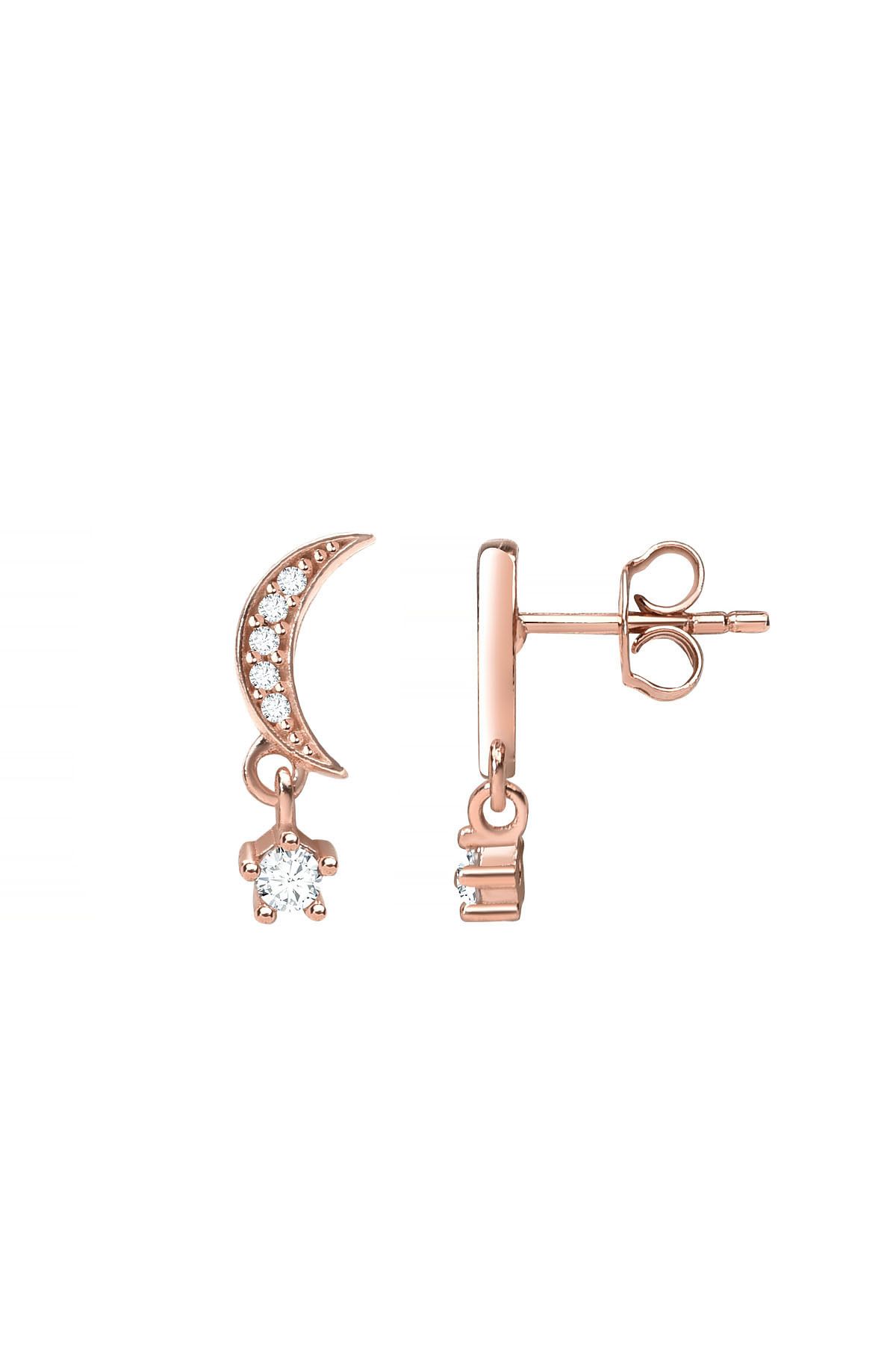 jelux silver Gümüş 925 Ayar Ay Yıldız Zirkon Taşlı Çivili Rose Küpe