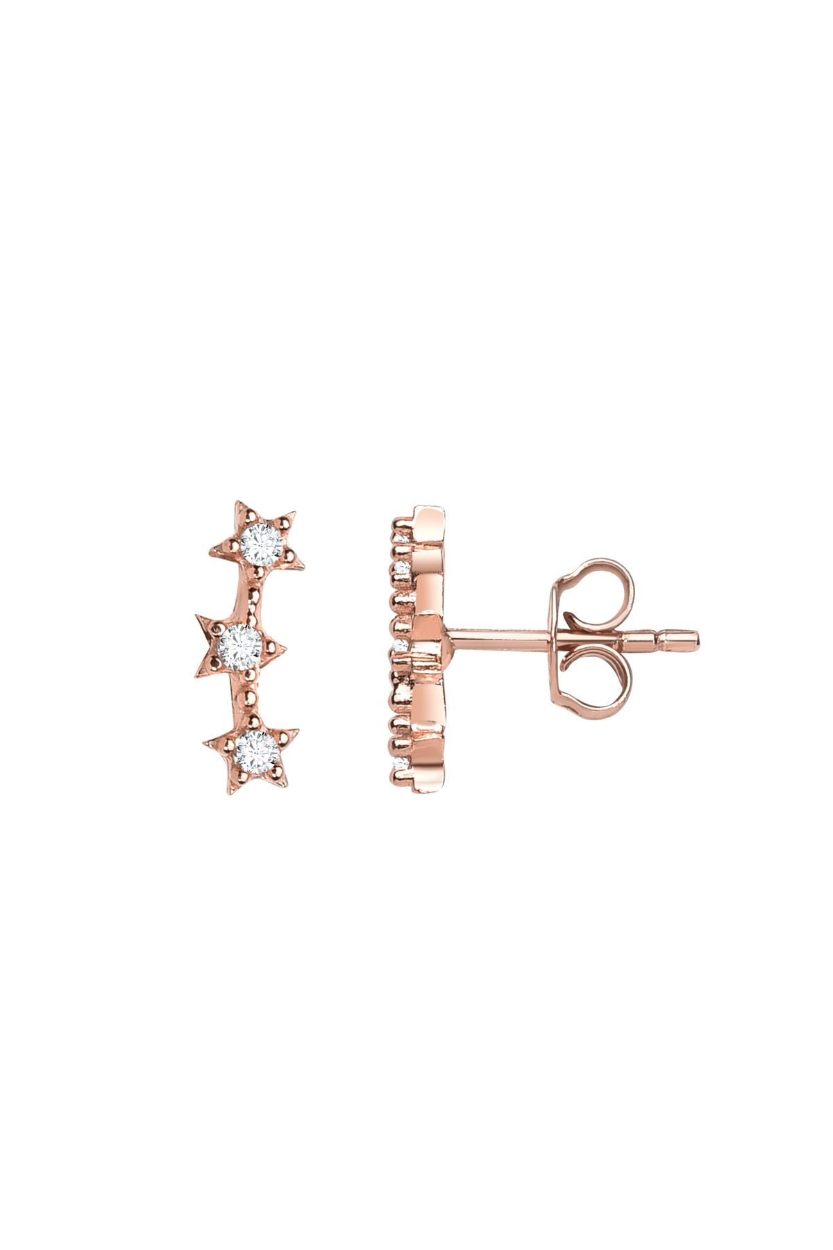 jelux silver Gümüş 925 Ayar Triple Star Zirkon Taşlı Çivili Rose Küpe