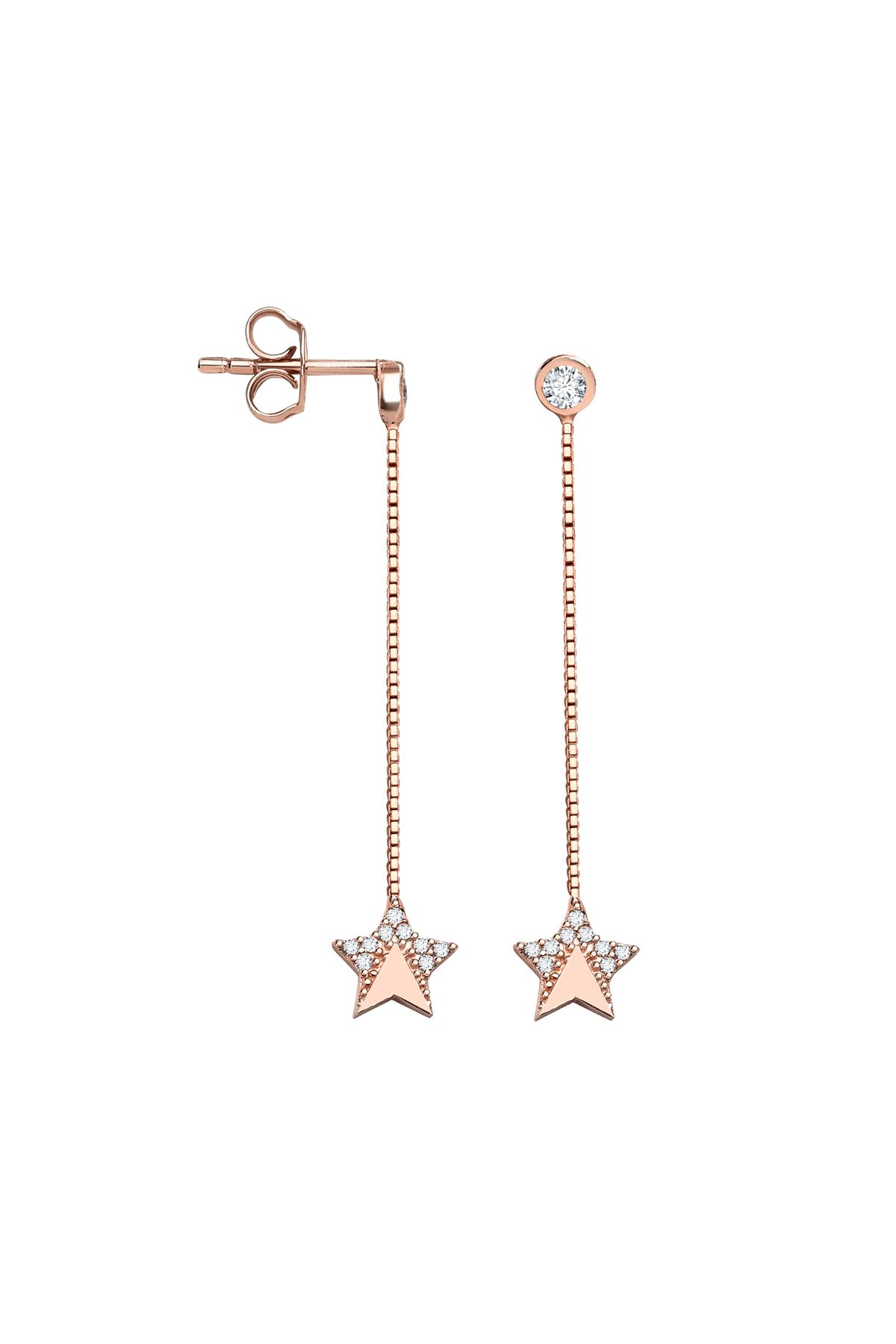 jelux silver Gümüş 925 Ayar Kutup Yıldızı Zirkon Taşlı Zincirli Rose Küpe