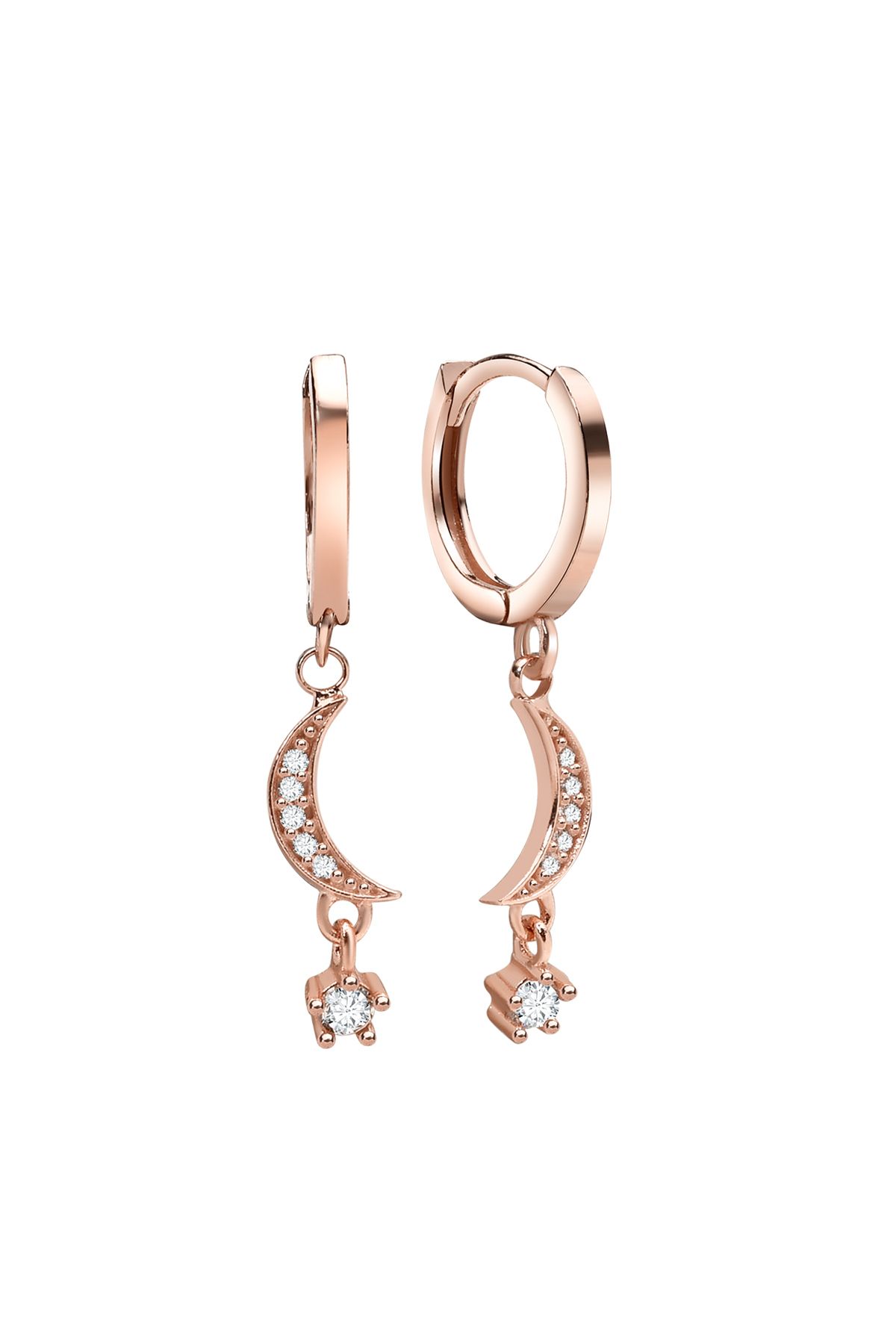 jelux silver Gümüş 925 Ayar Ay Yıldız Zirkon Taşlı Halkalı Rose Küpe