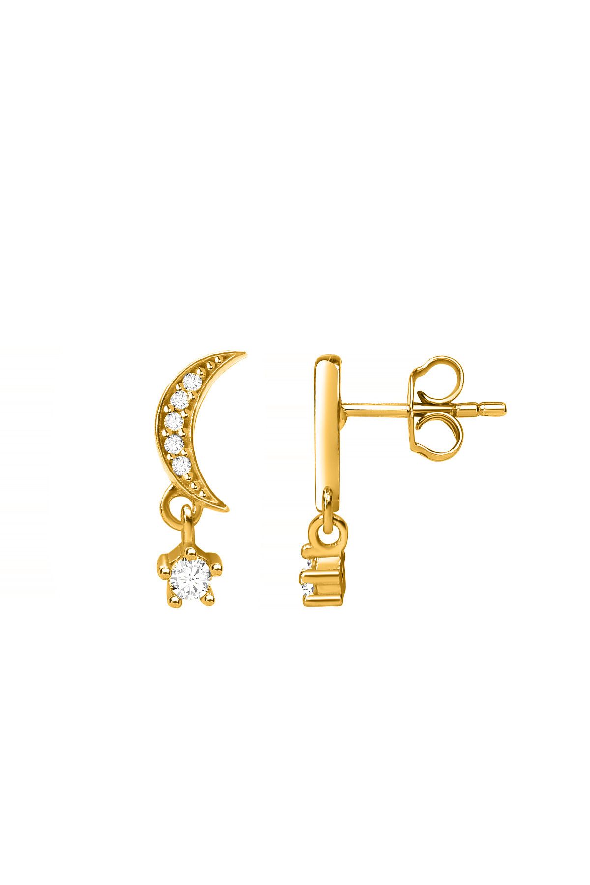 jelux silver Gümüş 925 Ayar Ay Yıldız Zirkon Taşlı Çivili Gold Küpe