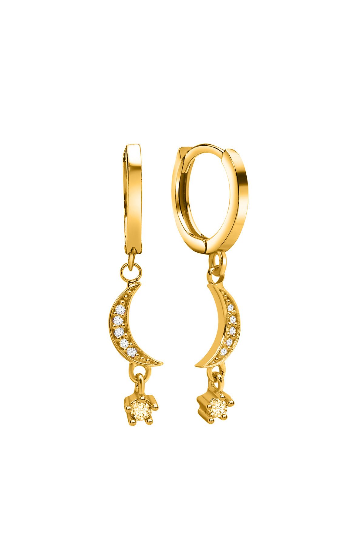 jelux silver Gümüş 925 Ayar Ay Yıldız Zirkon Taşlı Halkalı Gold Küpe