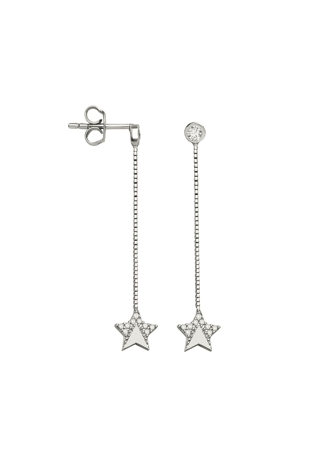 jelux silver Gümüş 925 Ayar Kutup Yıldızı Zirkon Taşlı Zincirli Küpe