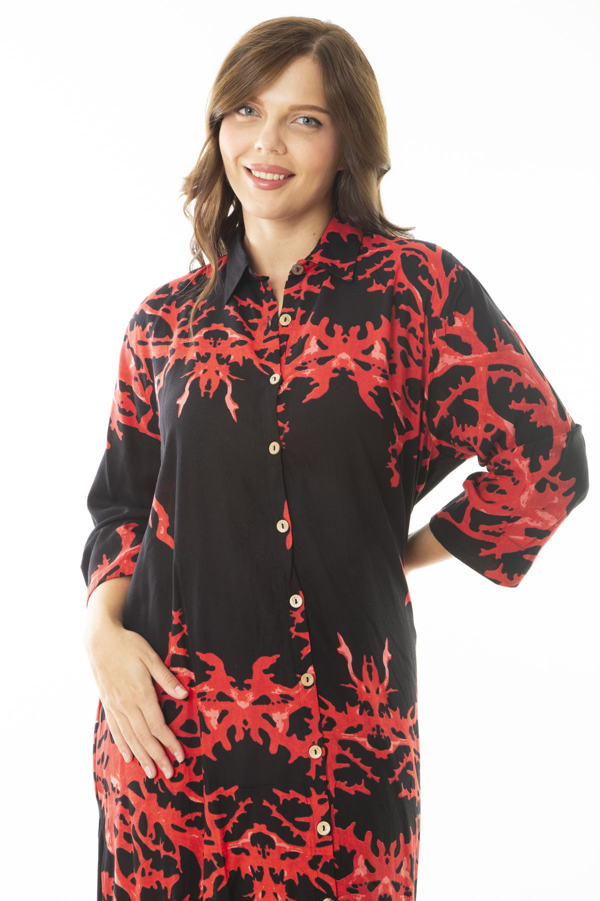 Şans-Women's Large Size Red Woven Viscose Fabric Front Buttoned Long Sleeve Dress 65N36887 4
