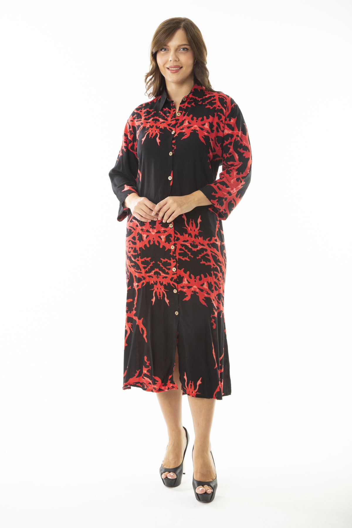 Şans-Women's Large Size Red Woven Viscose Fabric Front Buttoned Long Sleeve Dress 65N36887 6