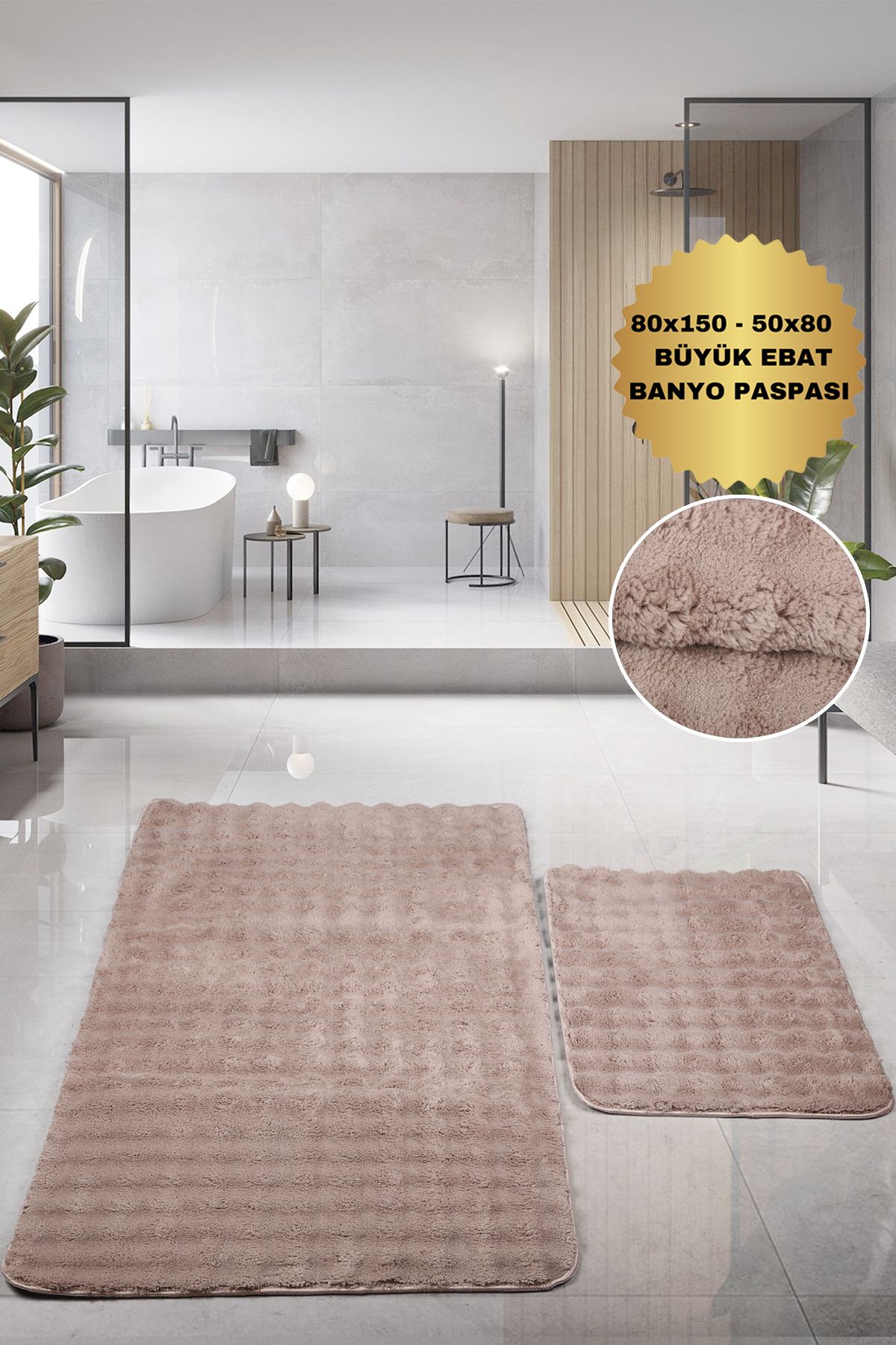 Bestekar Puffelle Kabartmalı Kahve Büyük Boy Kaymaz Modern Yıkanabilir Yumuşak İkili Banyo Paspas Takımı