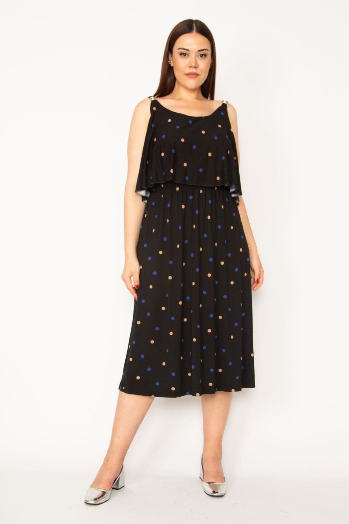 Şans-Großes schwarzes Damenkleid mit Volantträgern auf der Brust 65n33212 6
