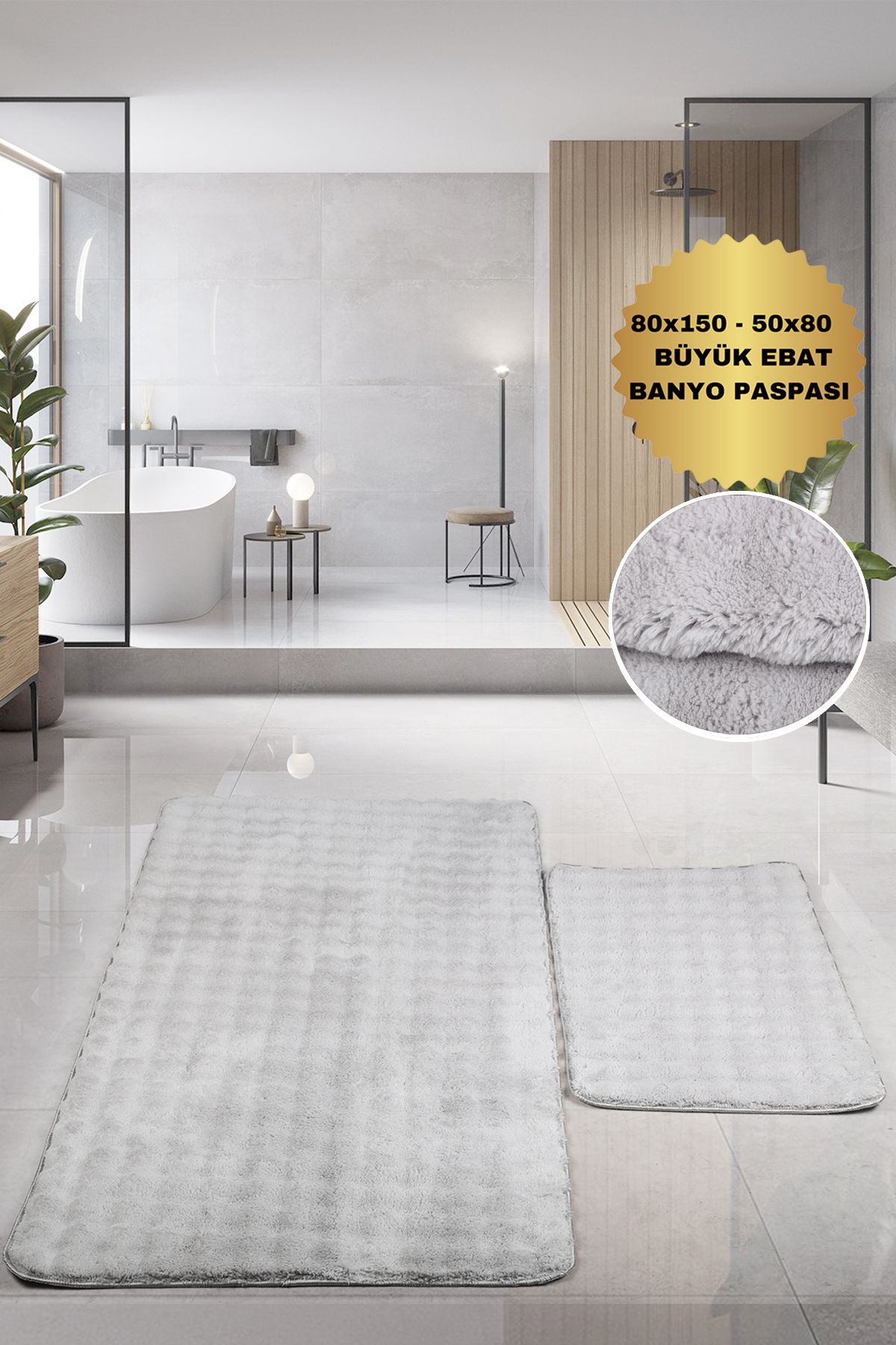 Bestekar Puffelle Kabartmalı Gri Büyük Boy Kaymaz Modern Yıkanabilir Yumuşak İkili Banyo Paspas Takımı
