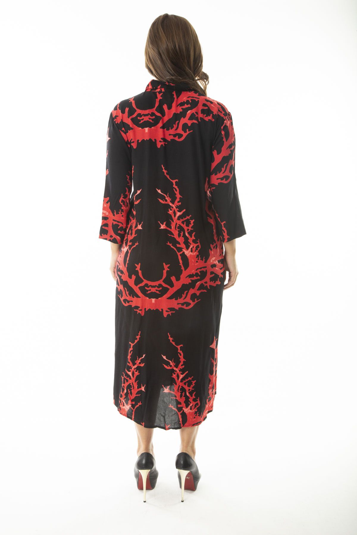 Şans-Women's Large Size Red Woven Viscose Fabric Front Buttoned Long Sleeve Dress 65N36887 5