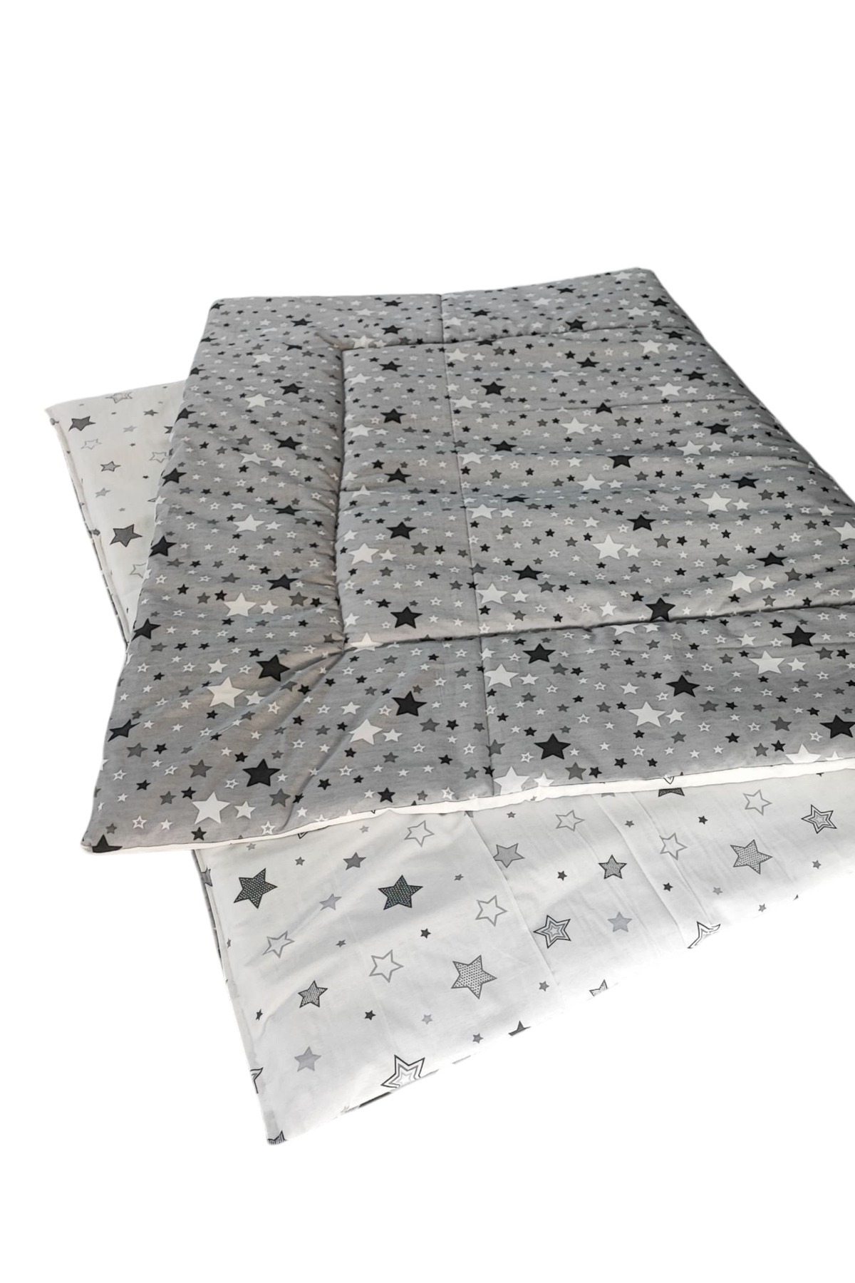 Bebek Özel %100 Pamuklu Bebek Çocuk Yorganı 90x180 cm Ölçülerinde (YENİ GRİ BEYAZ YILDIZLI)