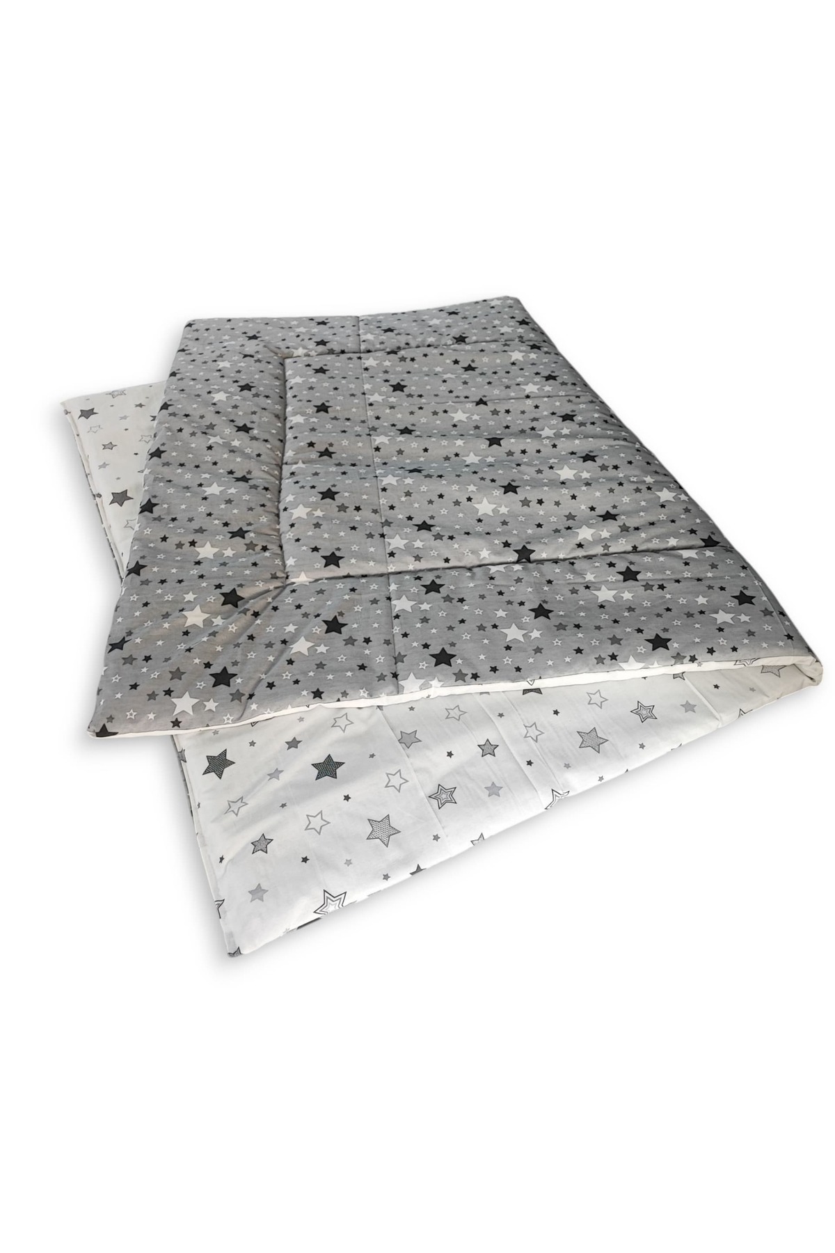 Bebek Özel %100 Pamuklu Bebek Çocuk Yorganı 90x180 cm Ölçülerinde (YENİ GRİ BEYAZ YILDIZLI) fotoğrafı 5 (önizleme)