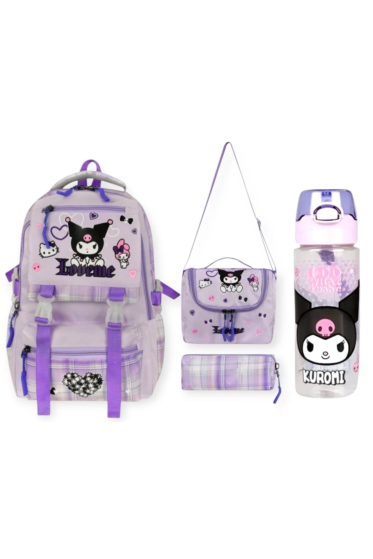 MASTER PACK Love Me Okul Çantası - Beslenme Çantası , Kalemlik Üçlü Set , Kuromi 500 ml Suluk&Matara Hediye