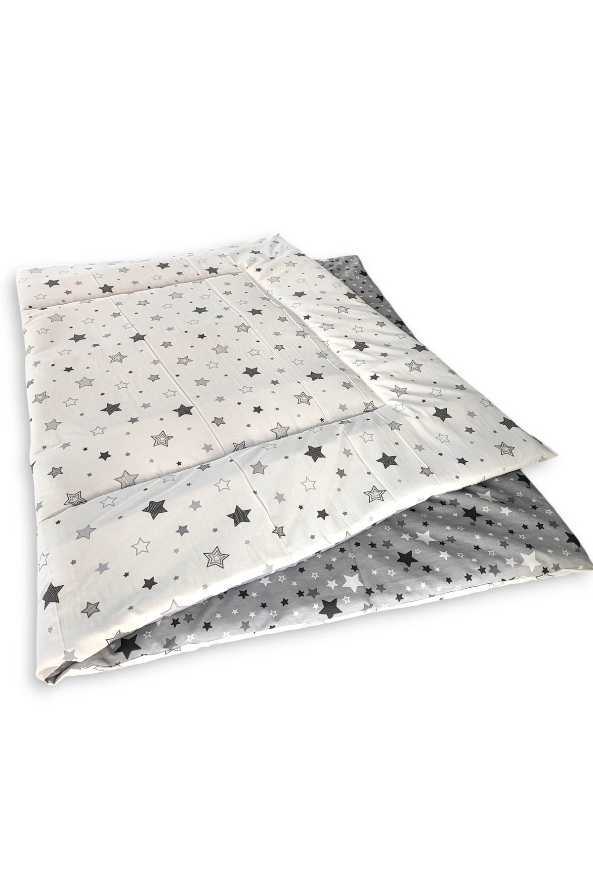 Bebek Özel %100 Pamuklu Bebek Çocuk Yorganı 90x180 cm Ölçülerinde (YENİ GRİ BEYAZ YILDIZLI) fotoğrafı 4 (önizleme)