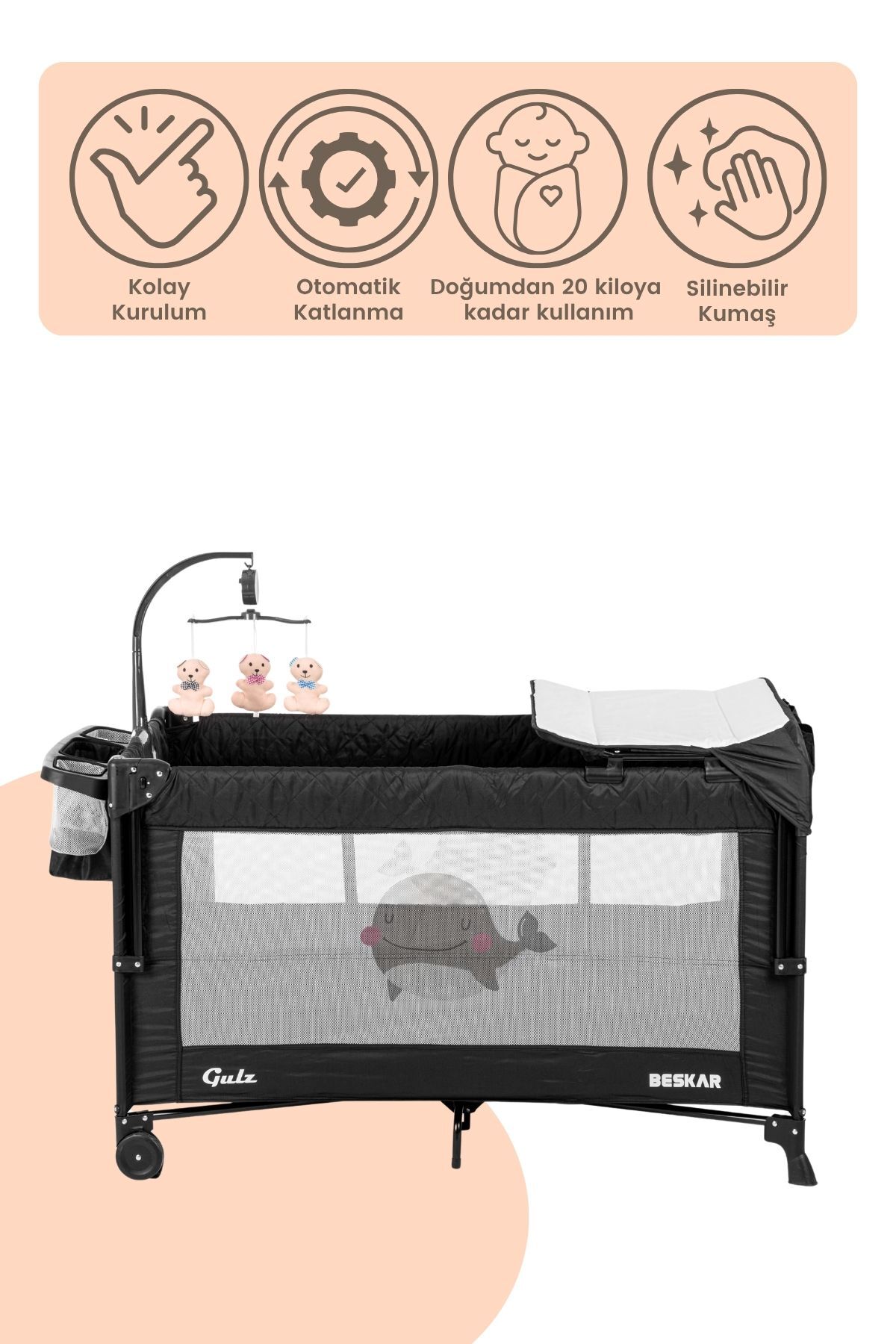 Gulz Beskar Anne Yanı Sallanır Dönenceli Alt Açmalı Oyun Parkı Bebek Beşik 70X120 cm + YATAKLI Siya fotoğrafı 3 (önizleme)
