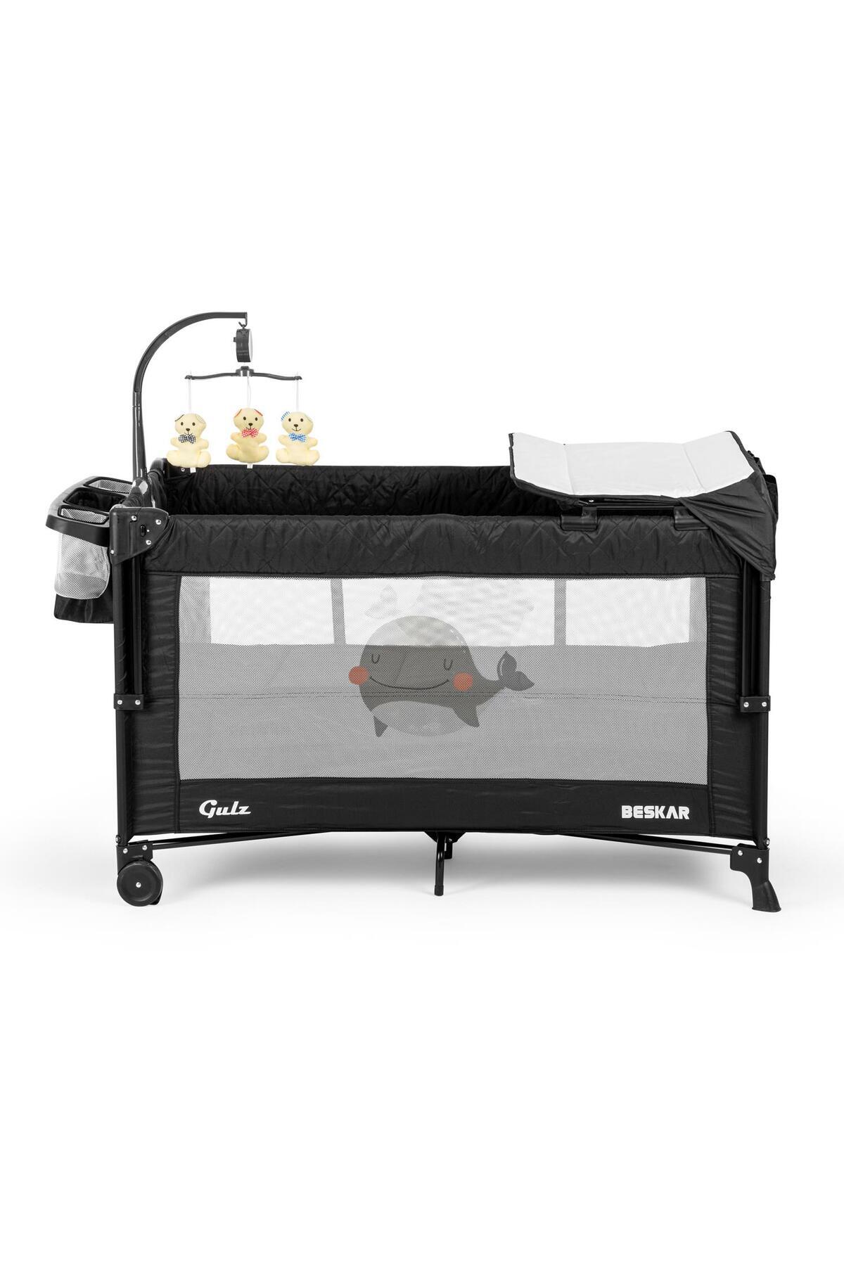 Gulz Beskar Anne Yanı Sallanır Dönenceli Alt Açmalı Oyun Parkı Bebek Beşik 70X120 cm + YATAKLI Siya fotoğrafı 7 (önizleme)