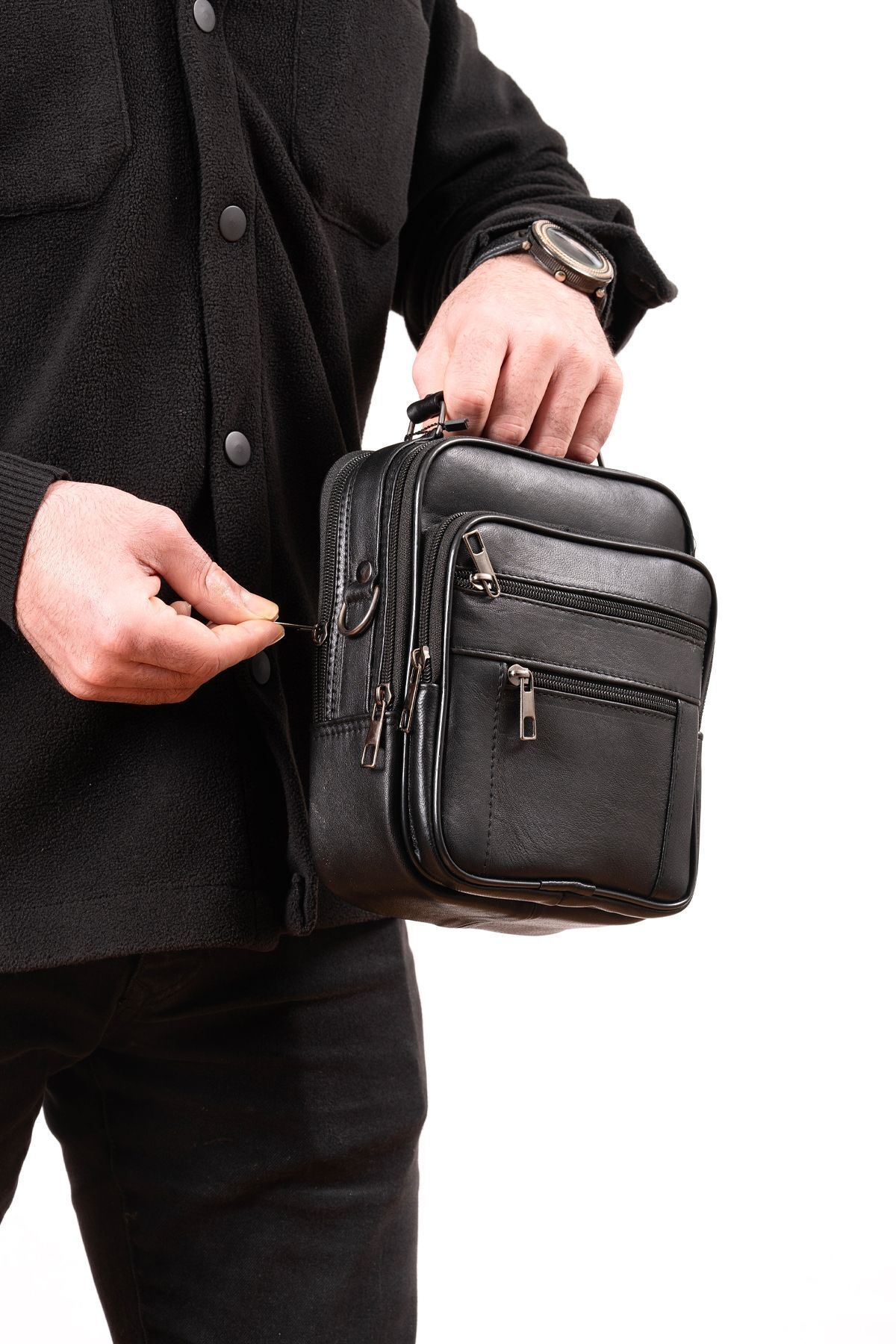 CüzCan  Erkek Siyah Çelik Kasalı Hakiki Deri El Ve Omuz Çantası Ayarlanabilir Askılı( Büyük Boy) - Görsel 4
