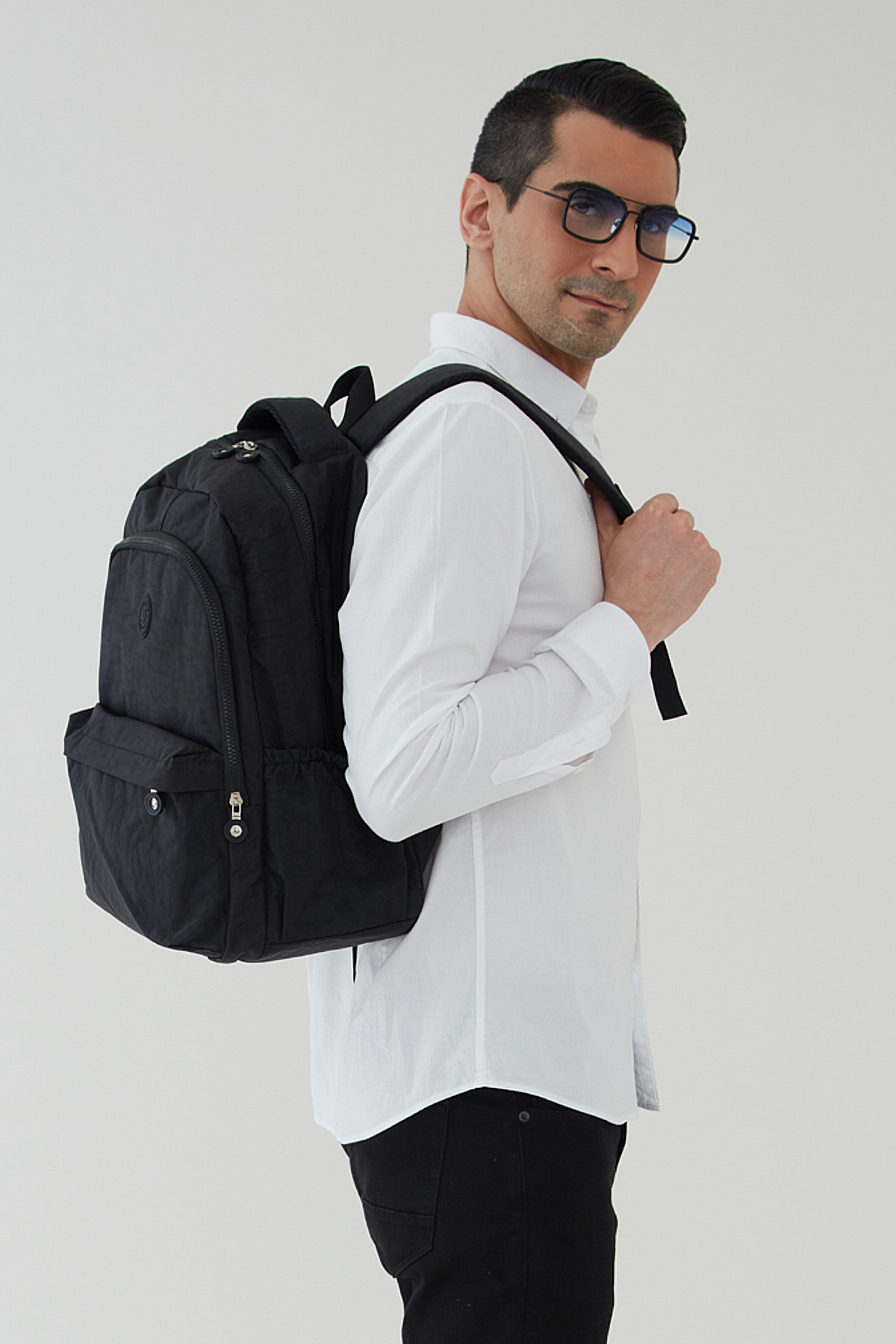 Rosso Collina Unisex Krinkıl Su Geçirmez Kumaş Büyük Boy Çok Gözlü Okul Seyahat Sırt Çantası Rosso Collina Siyah görsel 8