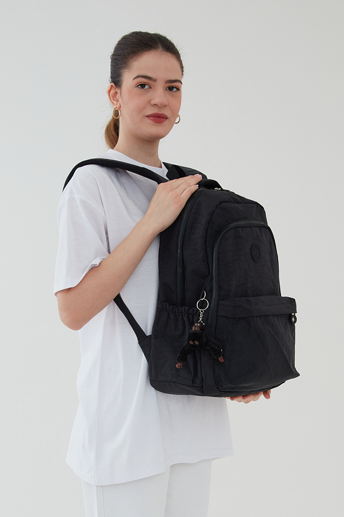 Rosso Collina Unisex Krinkıl Su Geçirmez Kumaş Büyük Boy Çok Gözlü Okul Seyahat Sırt Çantası Rosso Collina Siyah görsel 6