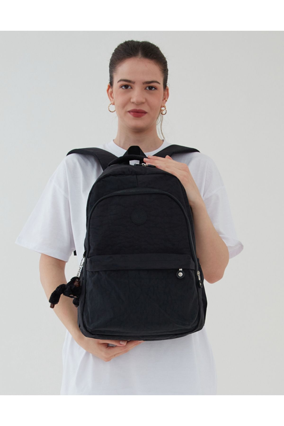 Rosso Collina Unisex Krinkıl Su Geçirmez Kumaş Büyük Boy Çok Gözlü Okul Seyahat Sırt Çantası Rosso Collina Siyah görsel 3