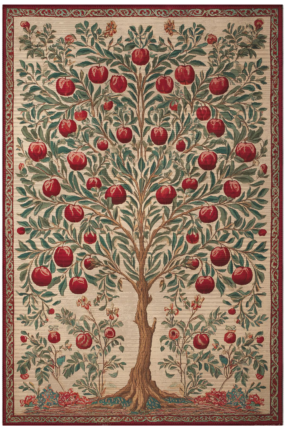 ArtEra Halı Pera 219 Bej Kırmızı Nar Ağacı Tasarım Halı İnce Kilim Halı Hol Yolluk Ev Oda Salon Halısı