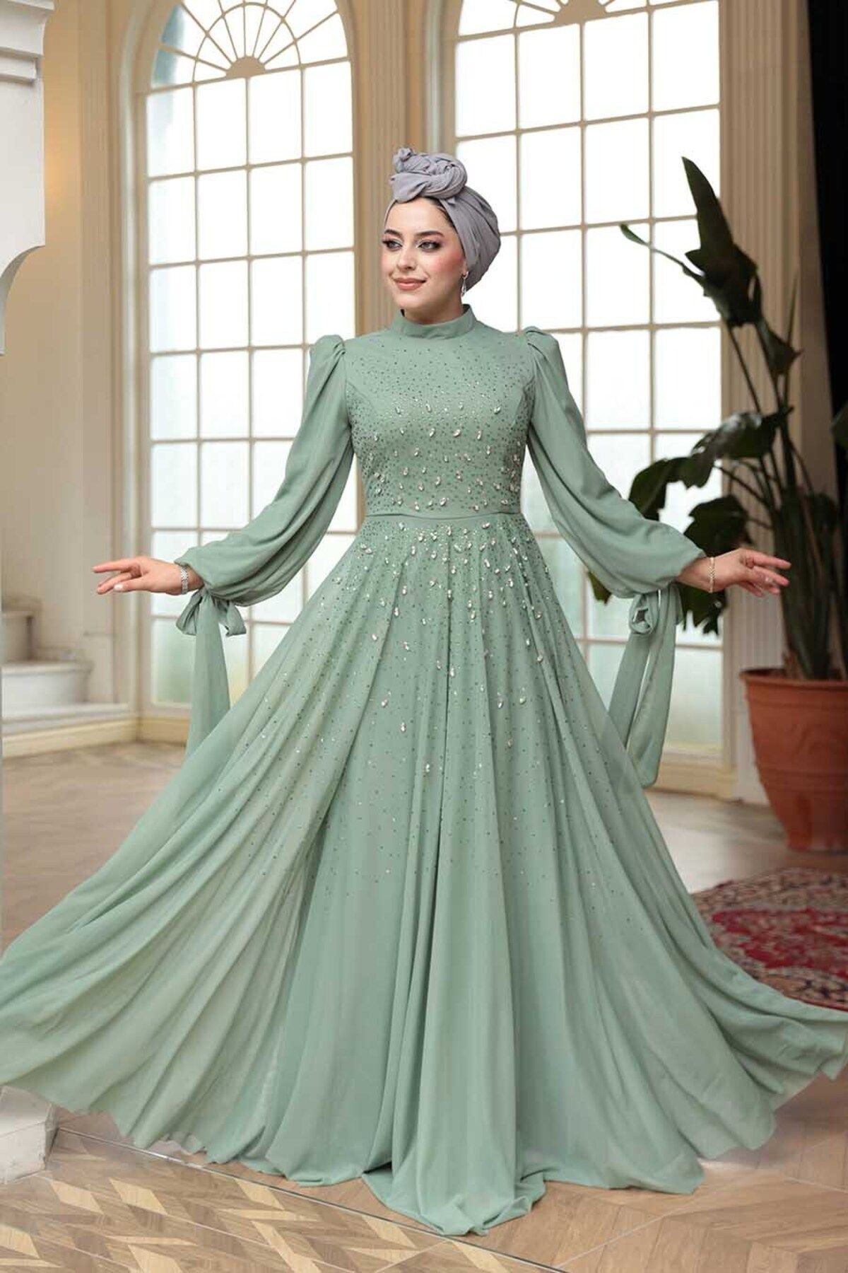 N.S NEVA STYLE Boncuk İşlemeli Mint Tesettür Abiye Elbise 5283MINT