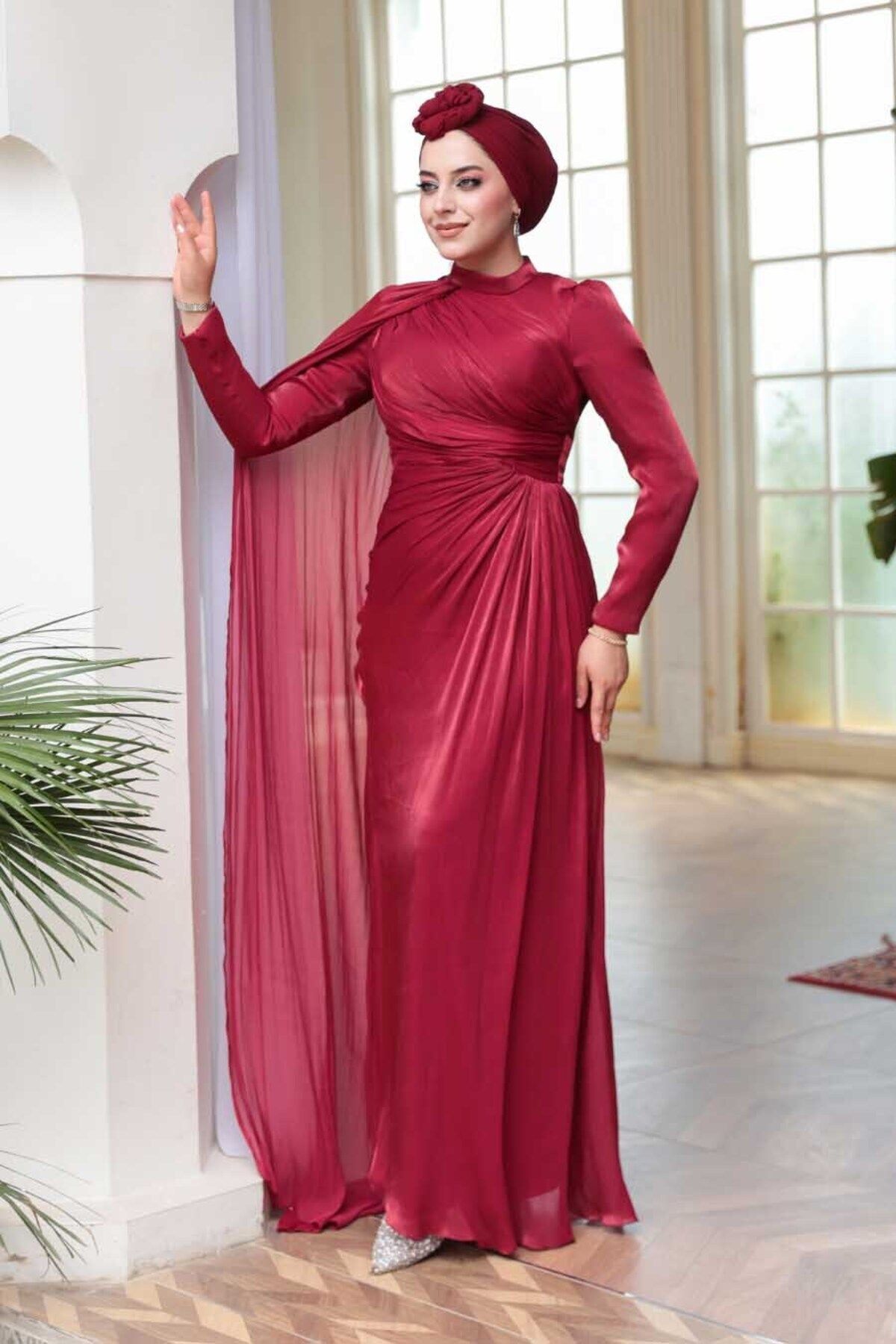 N.S NEVA STYLE Pelerin Detaylı Bordo Tesettür Abiye Elbise 5296BR