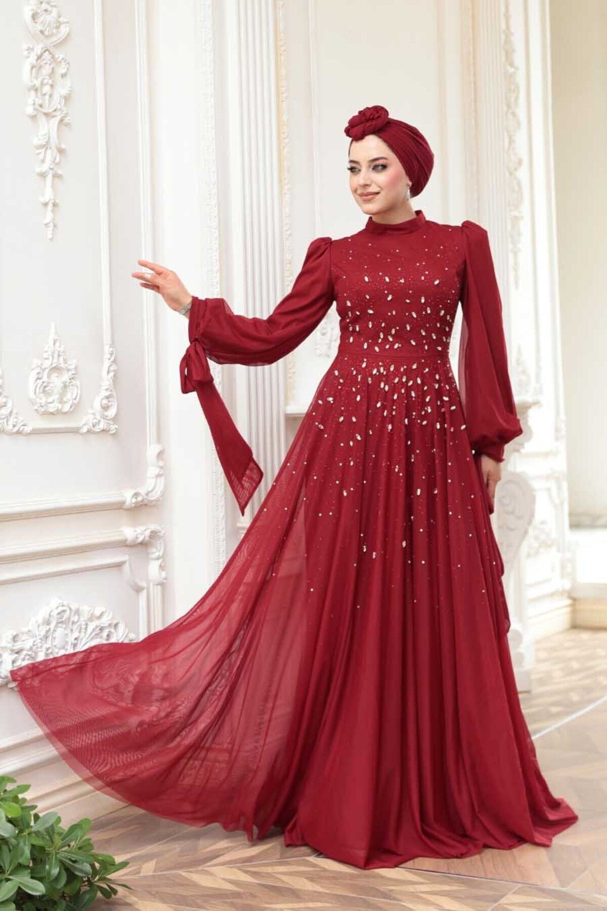 N.S NEVA STYLE - Boncuk İşlemeli Bordo Tesettür Abiye Elbise 5283BR