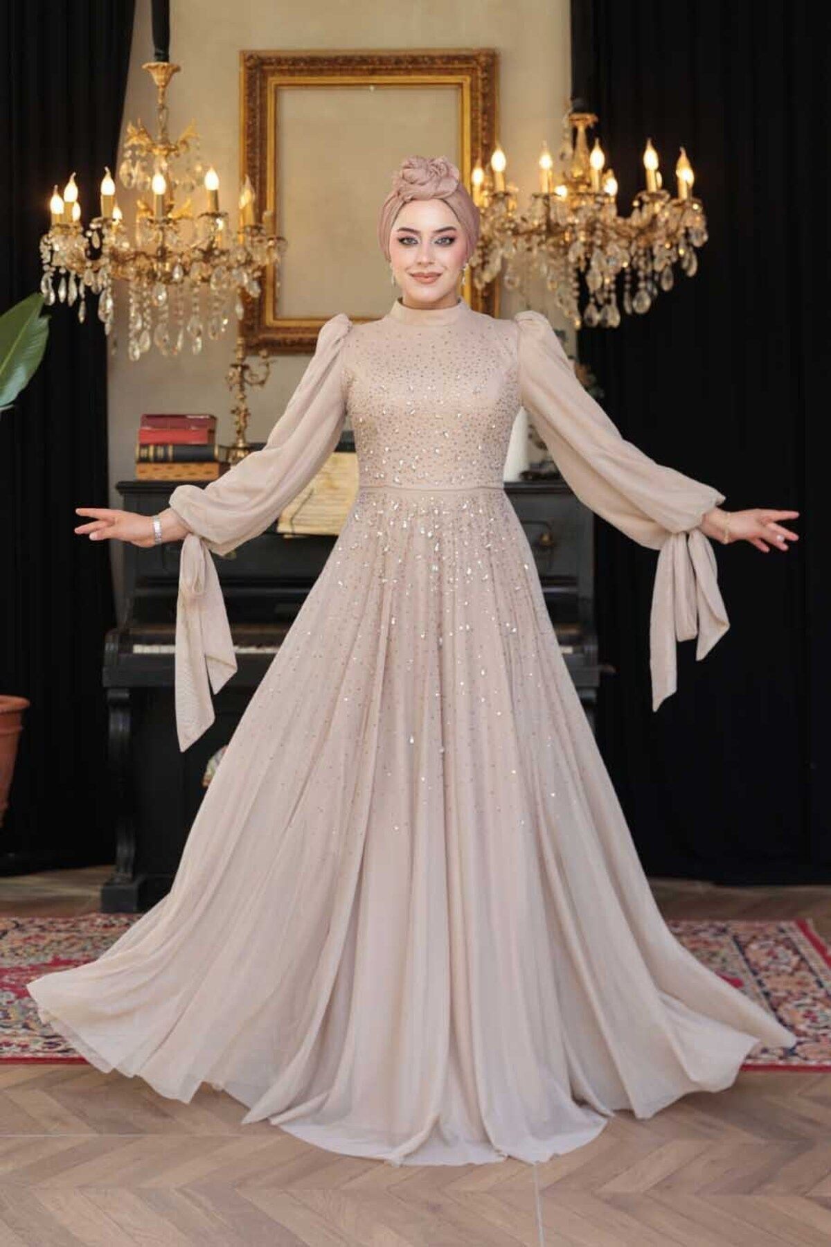 N.S NEVA STYLE Boncuk İşlemeli Vizon Tesettür Abiye Elbise 5283V