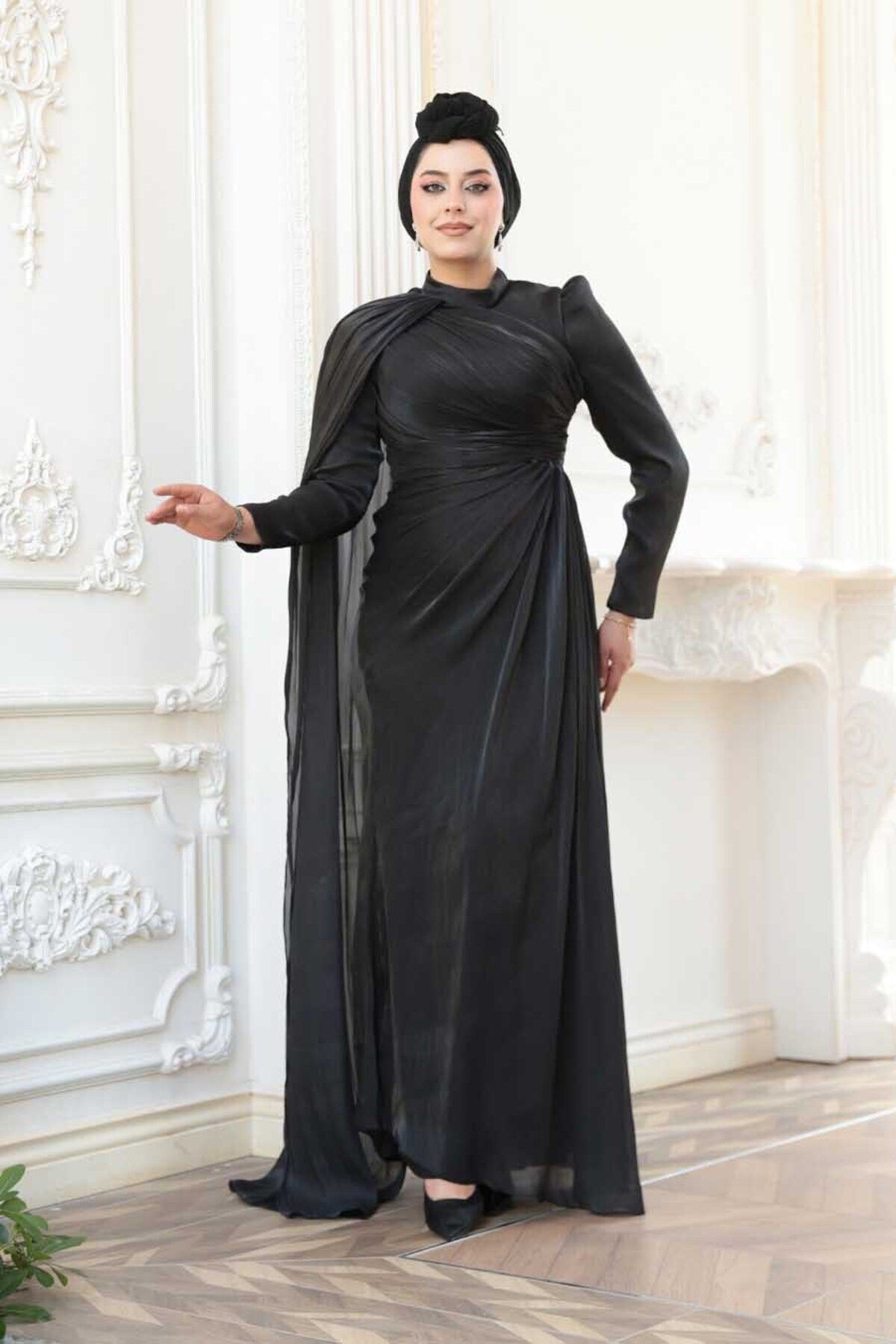 N.S NEVA STYLE Pelerin Detaylı Siyah Tesettür Abiye Elbise 5296S