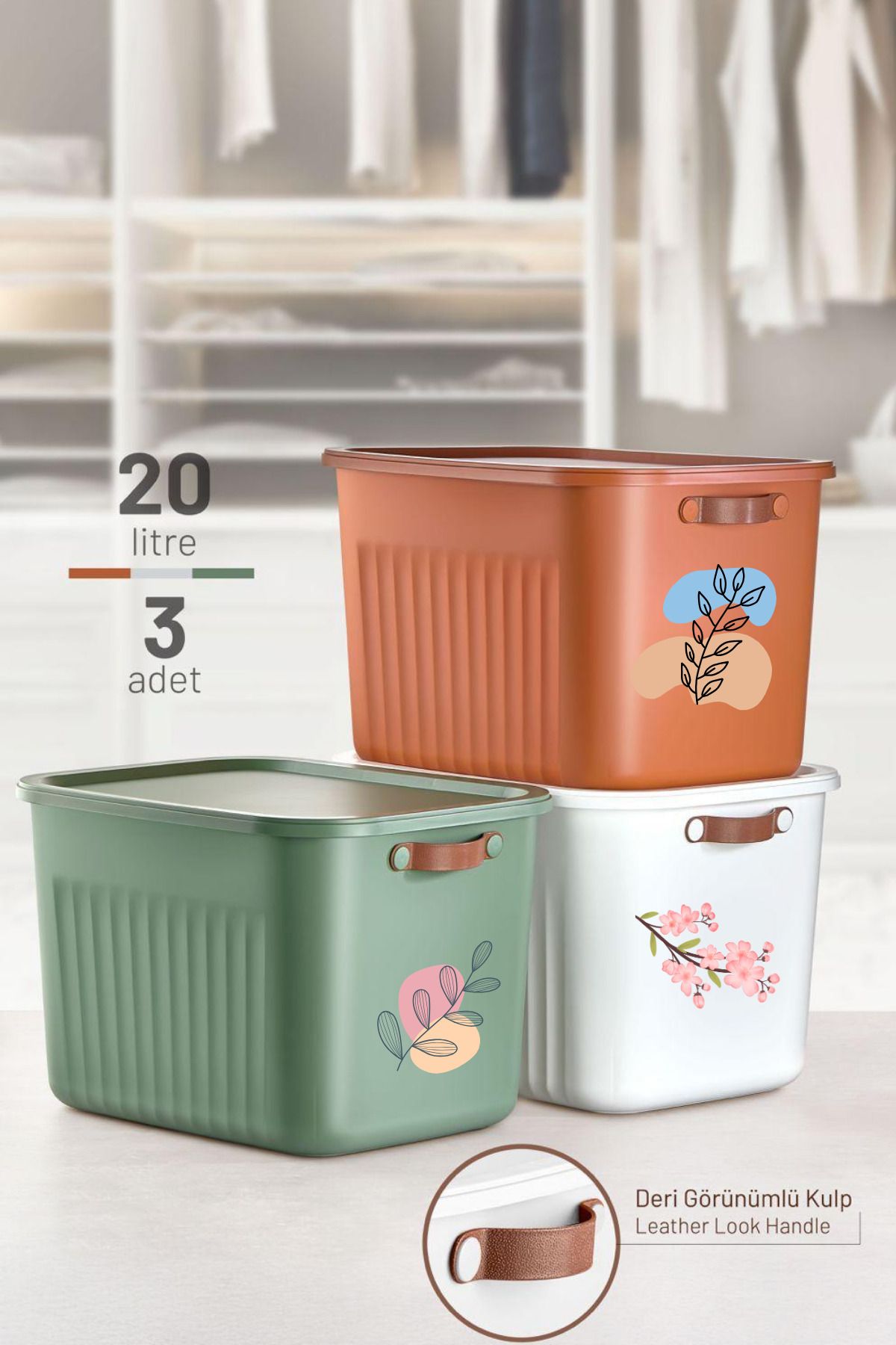 hemlife 3 ADET YENİ Saklama Kutusu JUMBO BOY 20 LT Plastik Düzenleyici Depolama Kutusu(Kiremit,Yeşil,Beyaz)