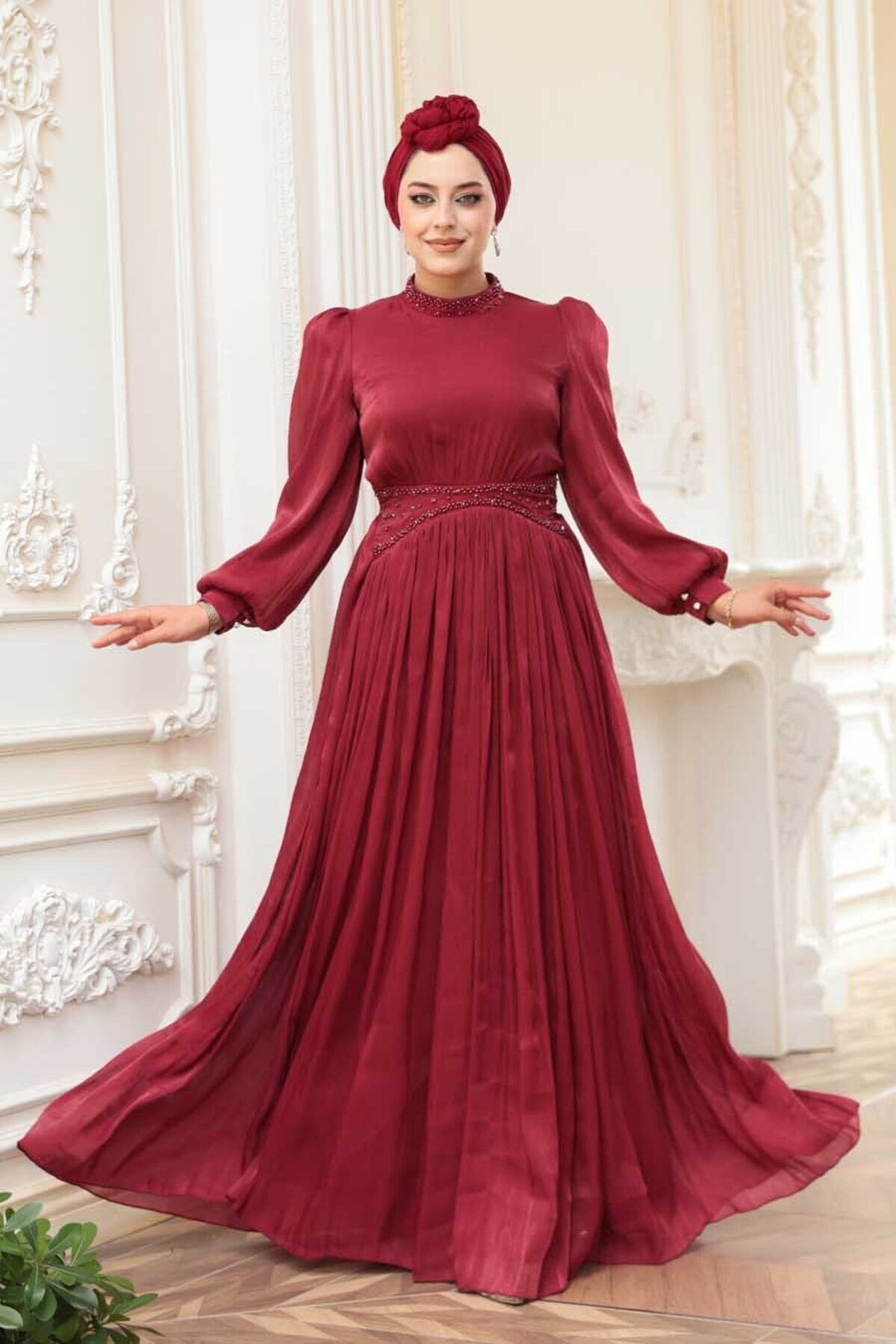 N.S NEVA STYLE Boncuk Detaylı Bordo Tesettür Abiye Elbise 52751BR