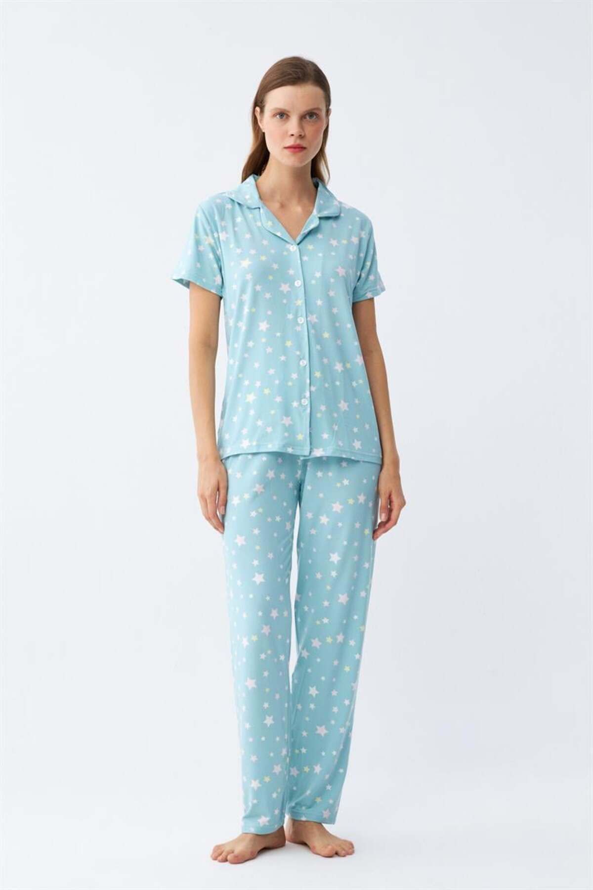 modaserdem Mdsrdm Kadın Buz Mavisi Yıldız Desenli Önden Düğmeli Pijama Takımı