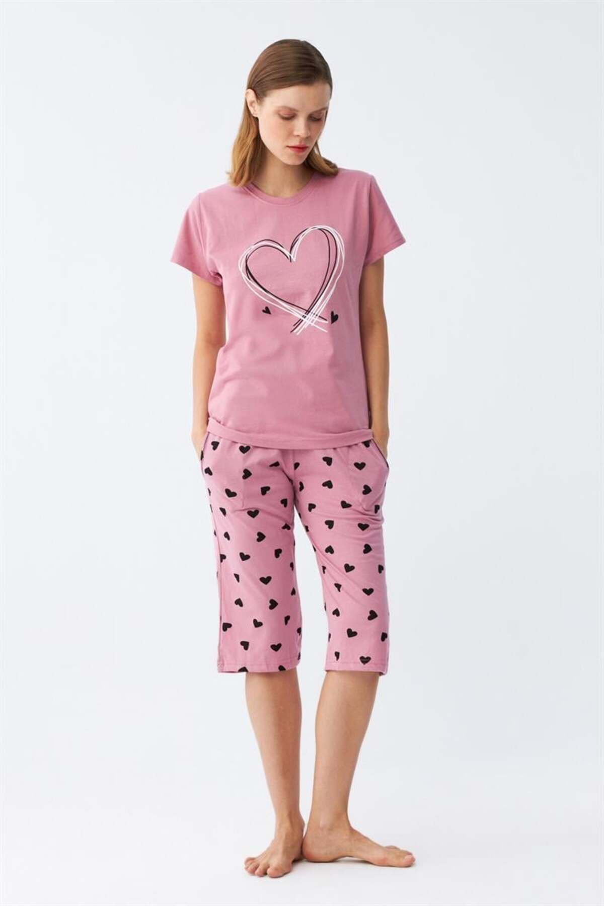 modaserdem Mdsrdm Kadın Pembe Kalp Baskılı Kapri Pijama Takımı