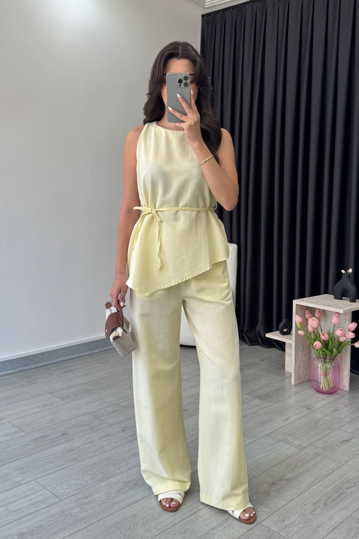 My Blog Sarı Kemerli Asimetrik Bluz Takım - 8784