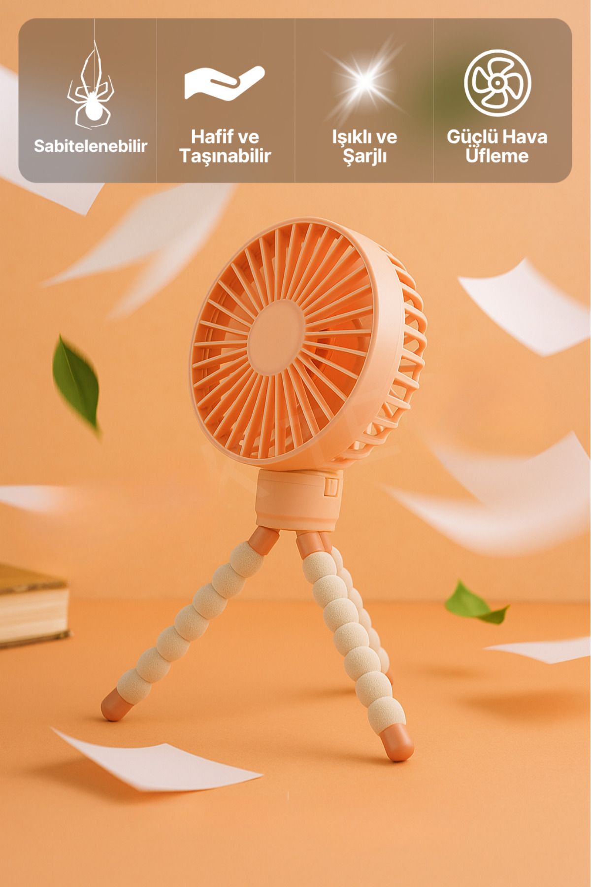 BEYZANA Ahtapot Ayaklı Her Ortama Uyumlu 3 Kademe Işık Turbo Üfleme Masa El Fan Taşınabilir Fan Vantilatör
