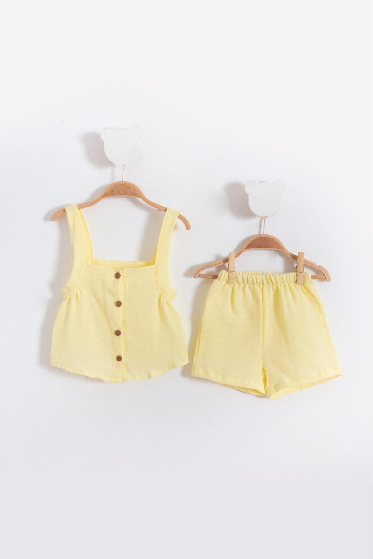 Bubito Asklılı Müslin Kız Bebek Yazlık Şort 2'li Takım-Sarı fotoğrafı 2 (önizleme)